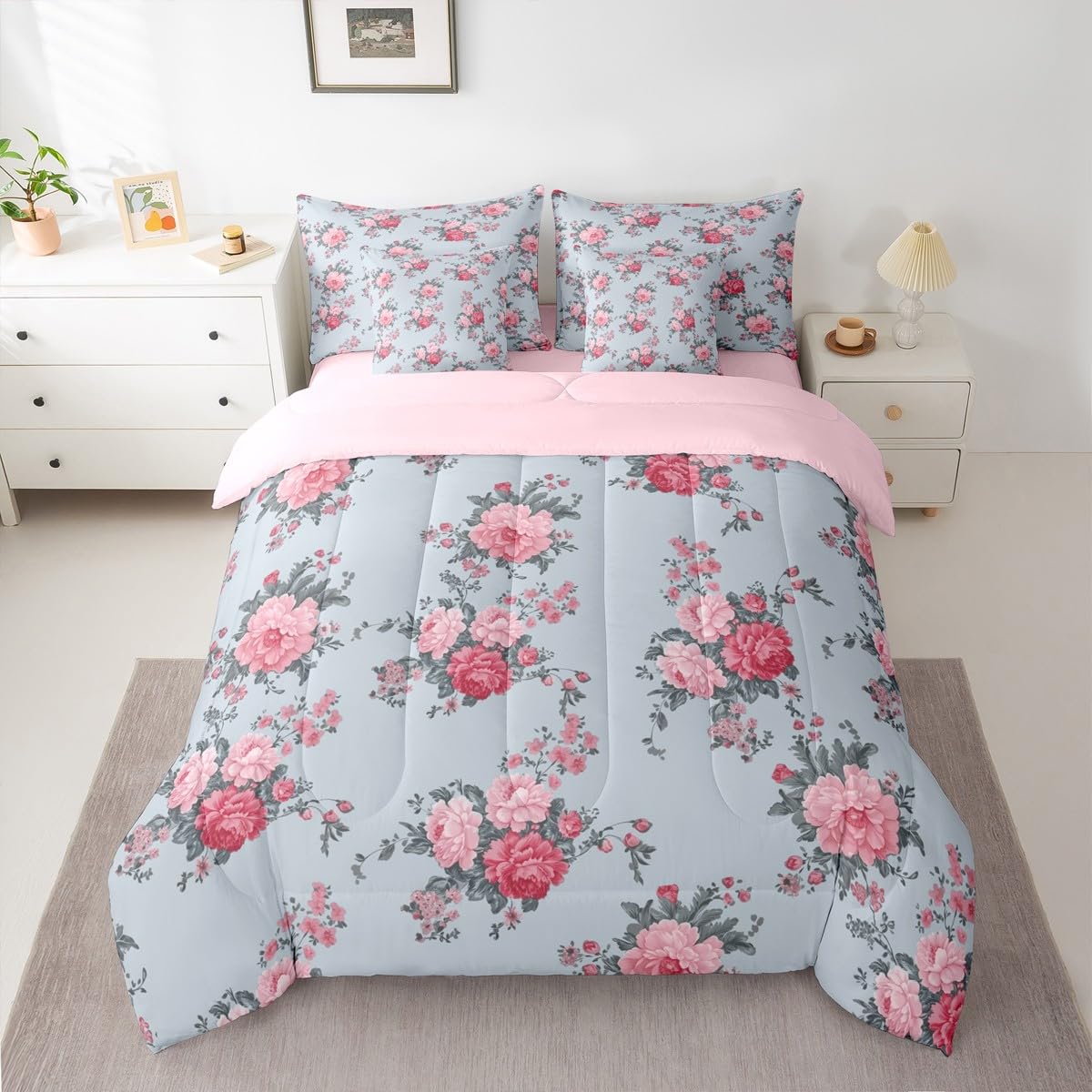 jejeloiu Flower Printed Twin Comforter Set with Sheets for Kids Boys Girls Luxury 7 Pieces Bedding Set Leaves Bed in a Bag Room Decor Soft Lightweight Microfiber
