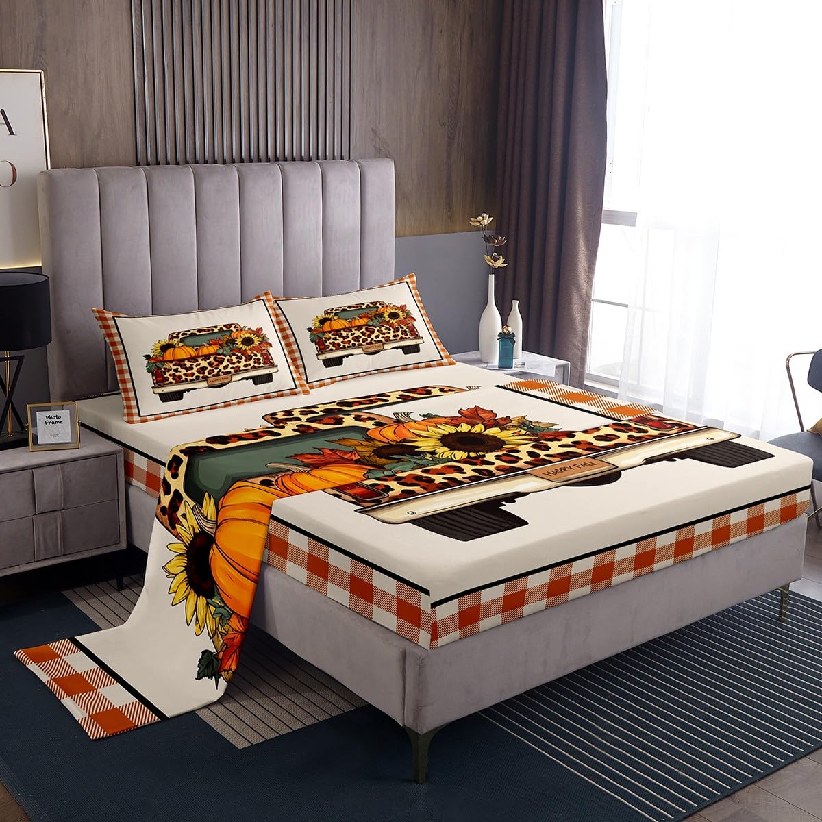 Fall Pumpkin Truck Bed Sheets Queen Orange Rustic Farmhouse Buffalo Plaid Sheet Set Thanksgiving Harvest Bedding Set,Autumn Sunflower Maple Leaves Decor Fitted Sheet + Flat Sheet + 2 Pillow Cases