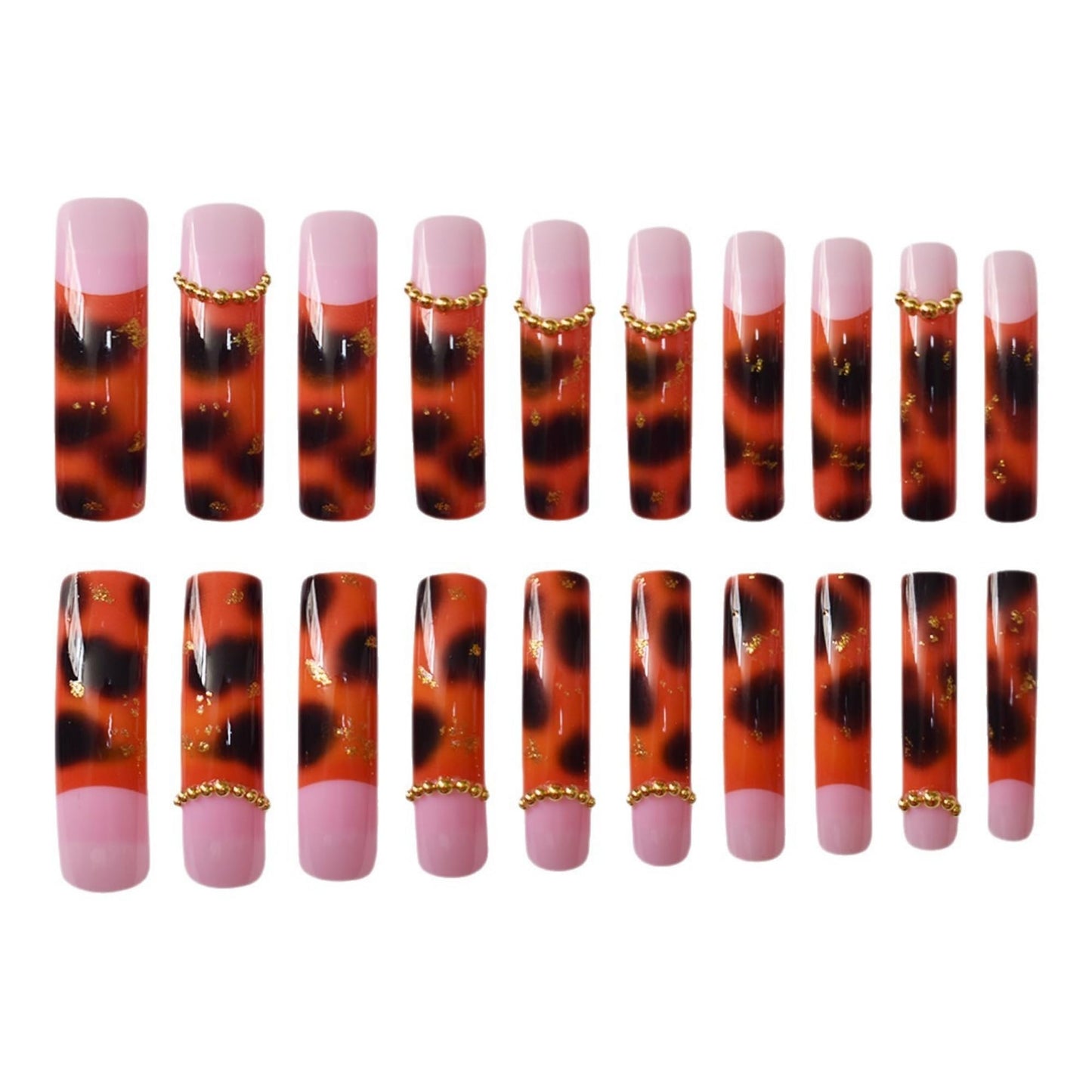 Curved Press on Nails Brown Fake Nails Leopard and Gold Chram Designs Stick on Nail for Women 24pcs