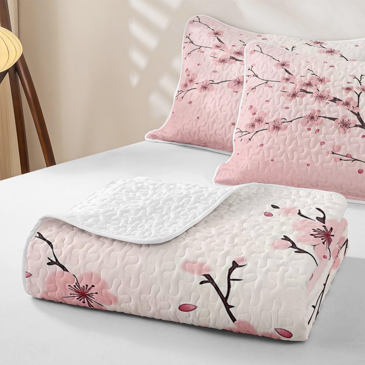 Erosebridal Girl Cherry Blossoms Quilt Queen Japanese Style Quilt SetPink Flowers Quilted Bedspread Branches Plant Floral Bedding Coverlet with 2 Pillowcases