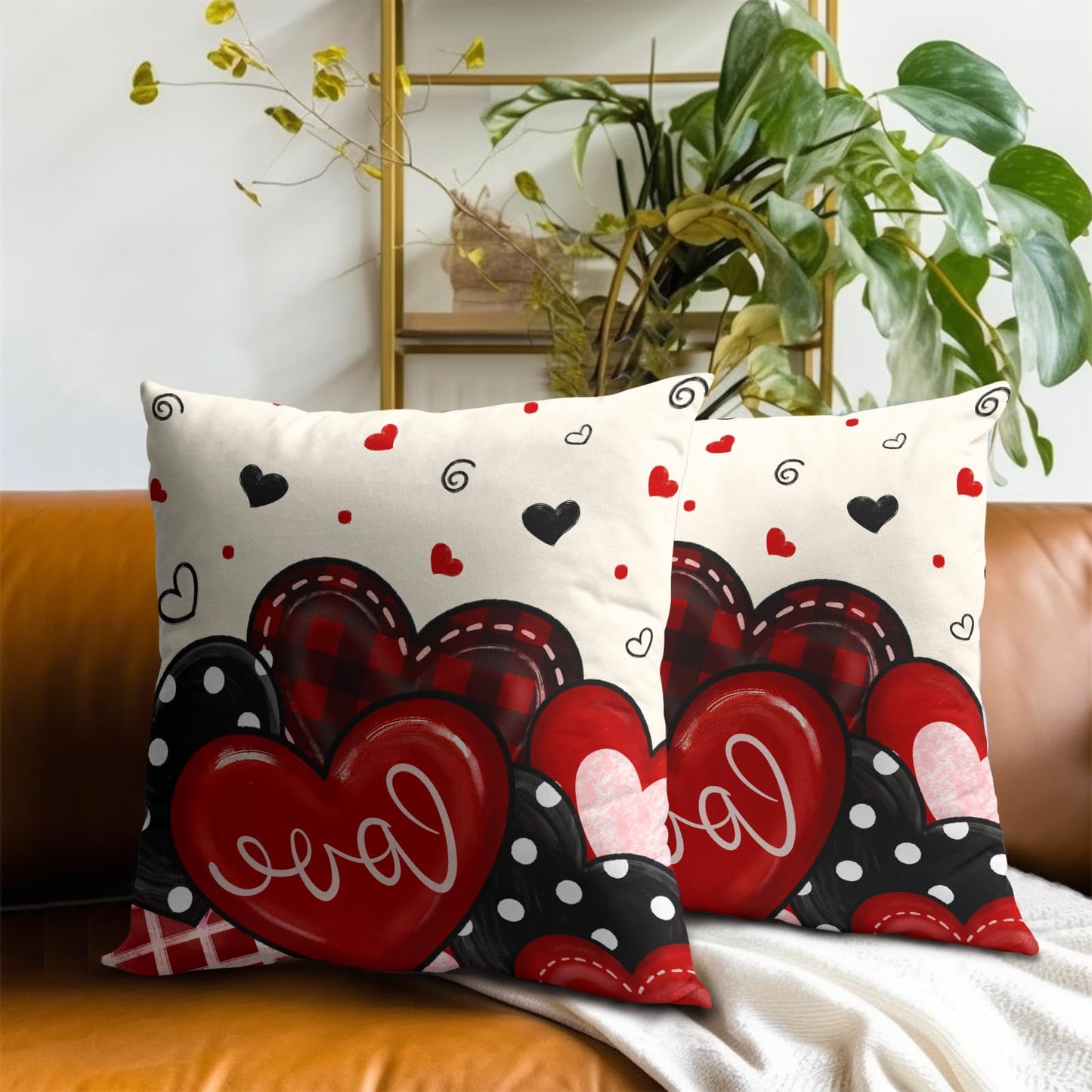 Mweet Valentines Day Pillow Covers 18x18 Inch Set of 2, Red Black Plaid Dots Hearts and Love Design Square Pillowcases for Sofa Couch Bed Chair Indoor Outdoor Home Decor