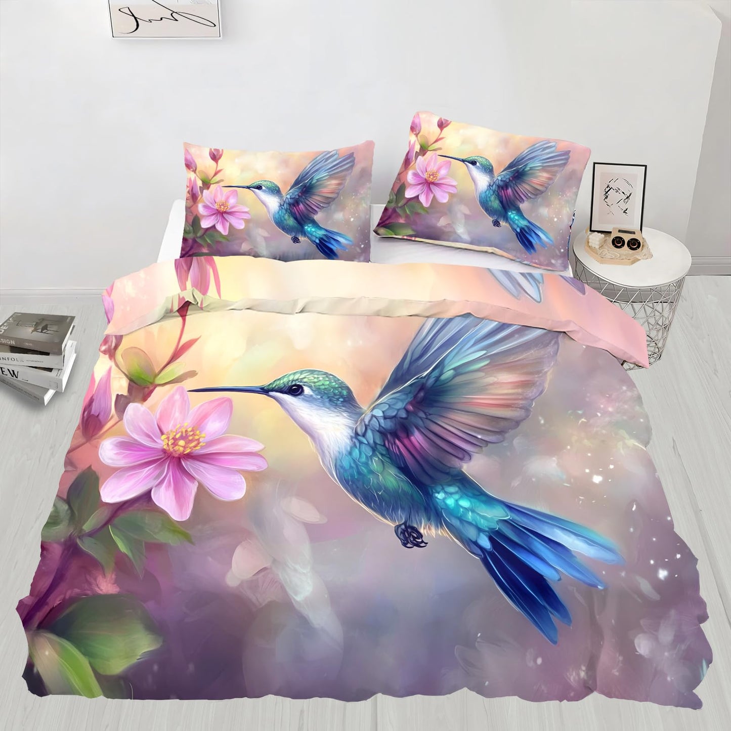 PAISUOQ Hummingbird Bedding, Rustic Paintings Duvet Cover Full, Country Bird Comforter Cover with Zipper Ties, 3 Pieces with 2 Pillowcases, Home Decor & Gifts