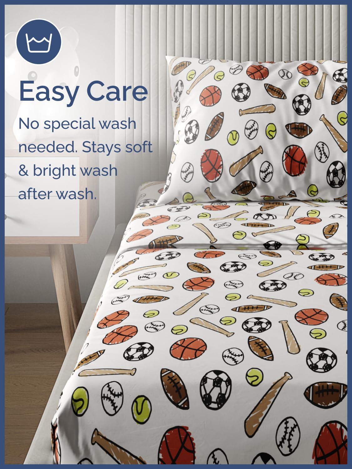Kids Twin Size Bed Sheet Set - 3 Piece Kids Loft Bed Sheets - Soccer, Basketball, Football, Tennis and Baseball - Soft, Cute - Breathable & Machine Washable - Bed Set for Boys, Girls, Teens & Toddlers