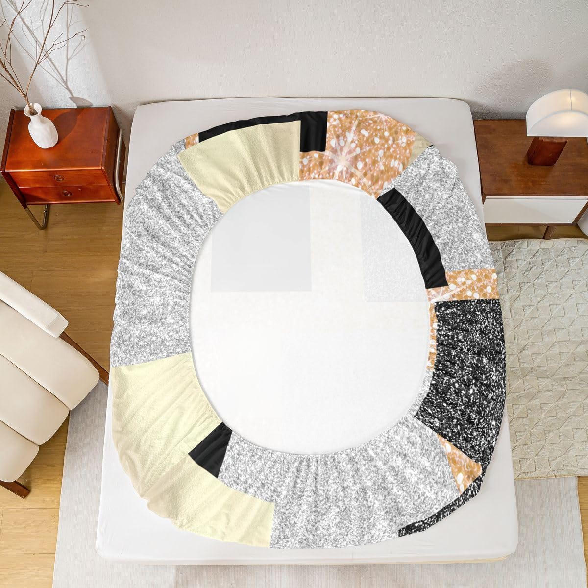 Feelyou Modern Abstract Bed Sheets Set Queen Size Geometric Aesthetic Bed Set Yellow Glitter Deep Pocket Fitted Sheet Breathable Soft Lightweight Microfiber
