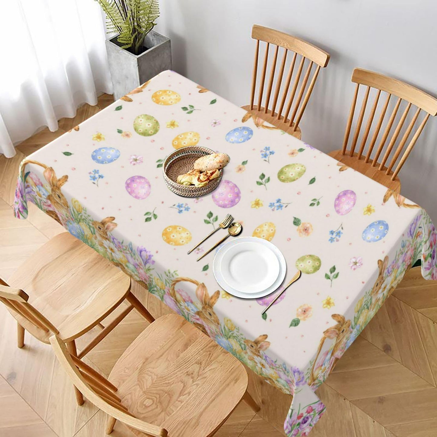 mutakin Easter Eggs Tablecloth Bunny Egg Rectangle Table Cloth Washable Table Cover Waterproof for Decoration Kitchen Dining Room 60x90 Inch