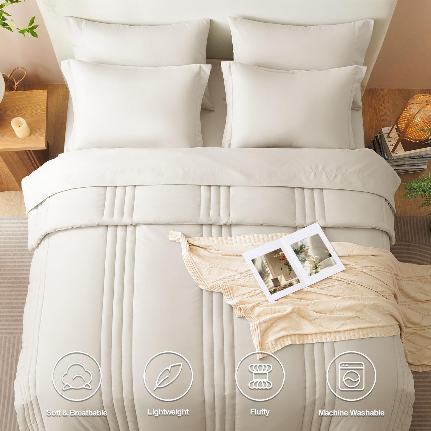 CozyLux Queen Comforter Set Beige - 7 Pieces Bed in a Bag, Modern Vertical Quilted Room Decor, Soft All-Season Bedding Gift with Comforter, Sheets, Pillowcases & Shams