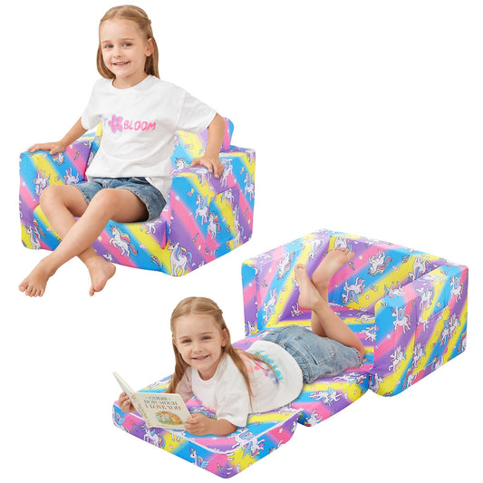 Viviland Toddler Chair, 2-in-1 Kids Couch Bed, Toddler Chairs Comfy 1-3 Years Old Fold Out Convertible Soft to Lounger, Colorful Rainbow Unicorn Baby Couch