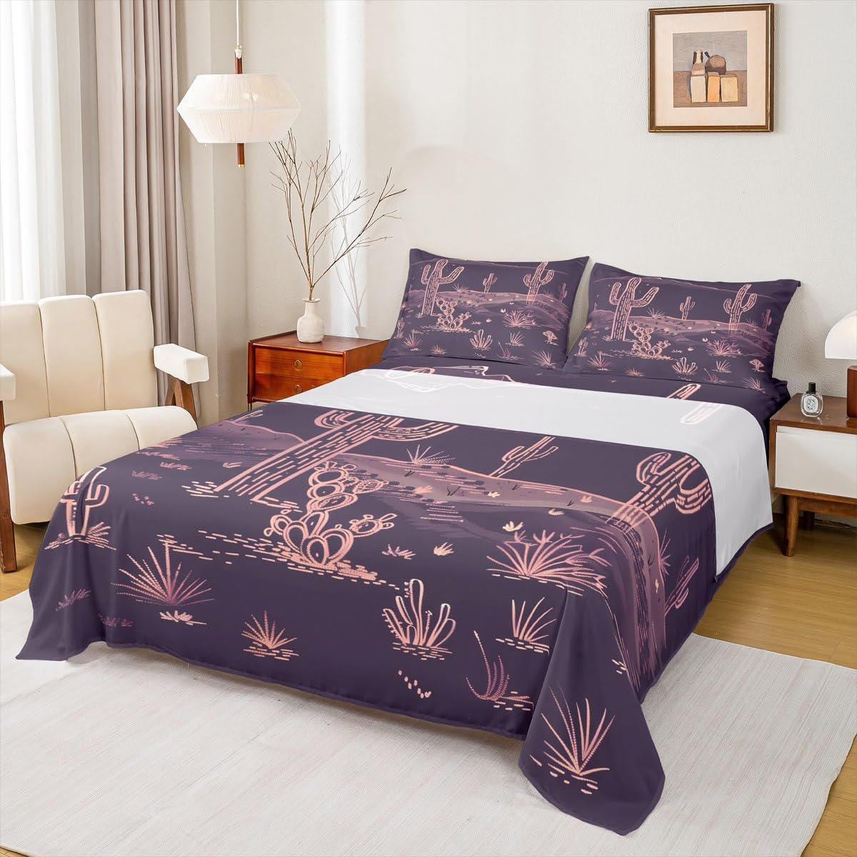 jejeloiu Western Bed Sheets Set Queen Size Desert Cactus Deep Pocket Fitted Sheet Purple Bedding Sets Vintage Southwest Soft Bed Set 4Pcs with 2 Pillow Cases
