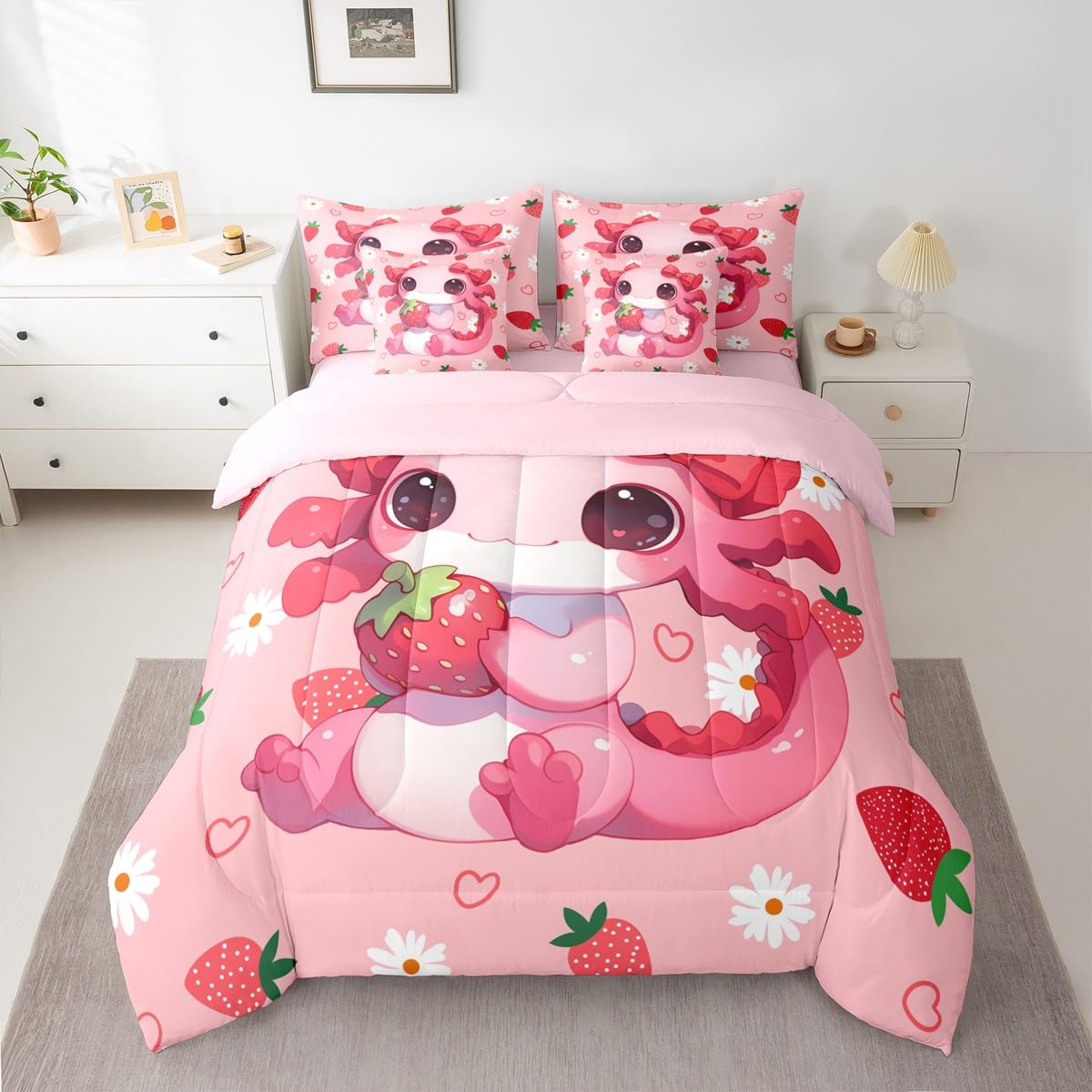 Erosebridal Cute Axolotl 7 Pieces Bedding Set Queen Size for Teen Girl | Pink Strawberry Bed in A Bag Kids Cartoon Daisy Floral Flower Comforter Set with Sheets Kawaii Animal Axolotl Quilt Set
