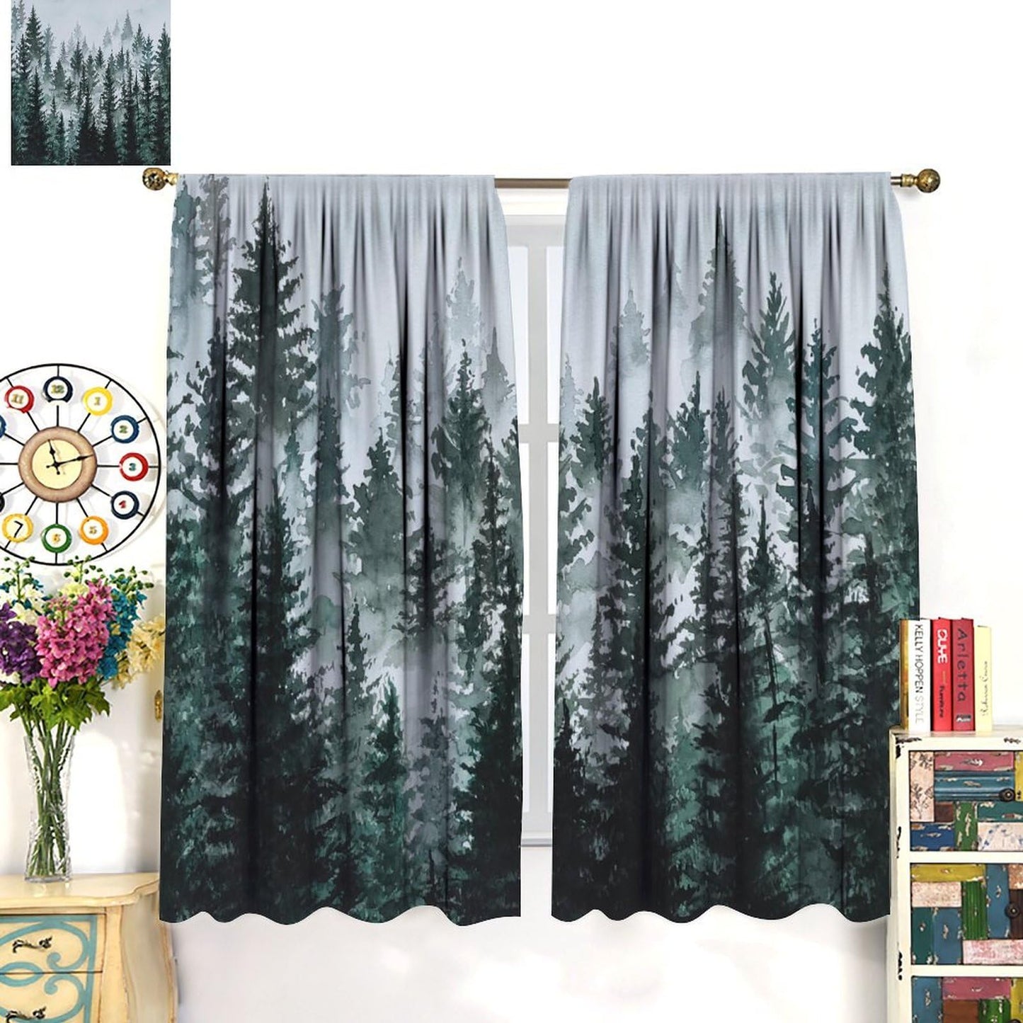 HZOHNAGO Forest Curtains Misty Watercolor Pine Trees Pattern Blackout Print Rod Pocket Window Drapes for Bedroom Living Room 42x45in