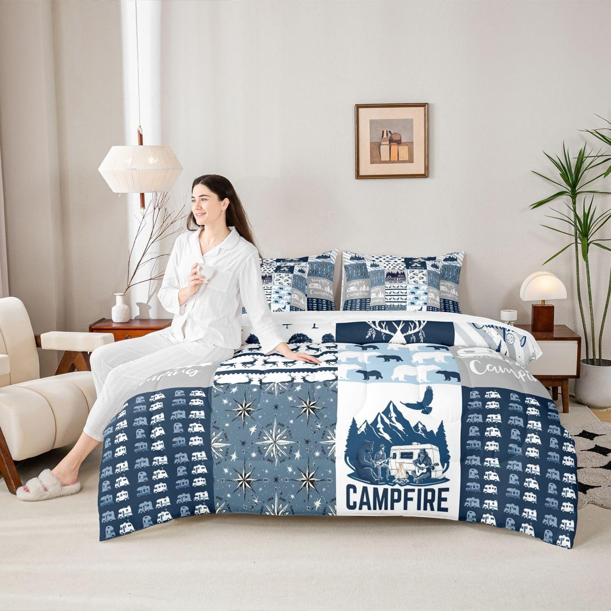 Erosebridal Happy Camping 7 Piece Bedding Set Full Camper Comforter Set with Sheets Rustic Farmhouse Style Bed in A Bag Camping Car Bed Sets with 2 Pillowcases, 2 Throw Pillow Covers