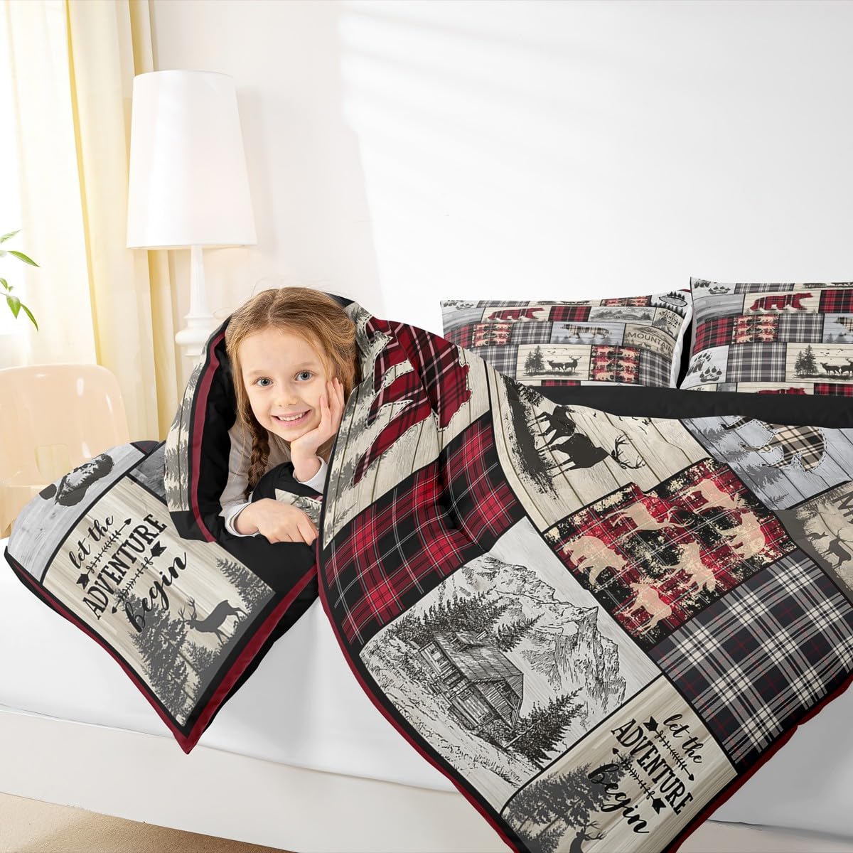 Rustic Cabin Comforter Set Queen Woodland Wolf Deer Bear Comforter For Kids Adults,Red Black Buffalo Plaid Bedding Set Wildlife Camping Lodge Mountain Quilt Bedding Southwestern Farmhouse Decor