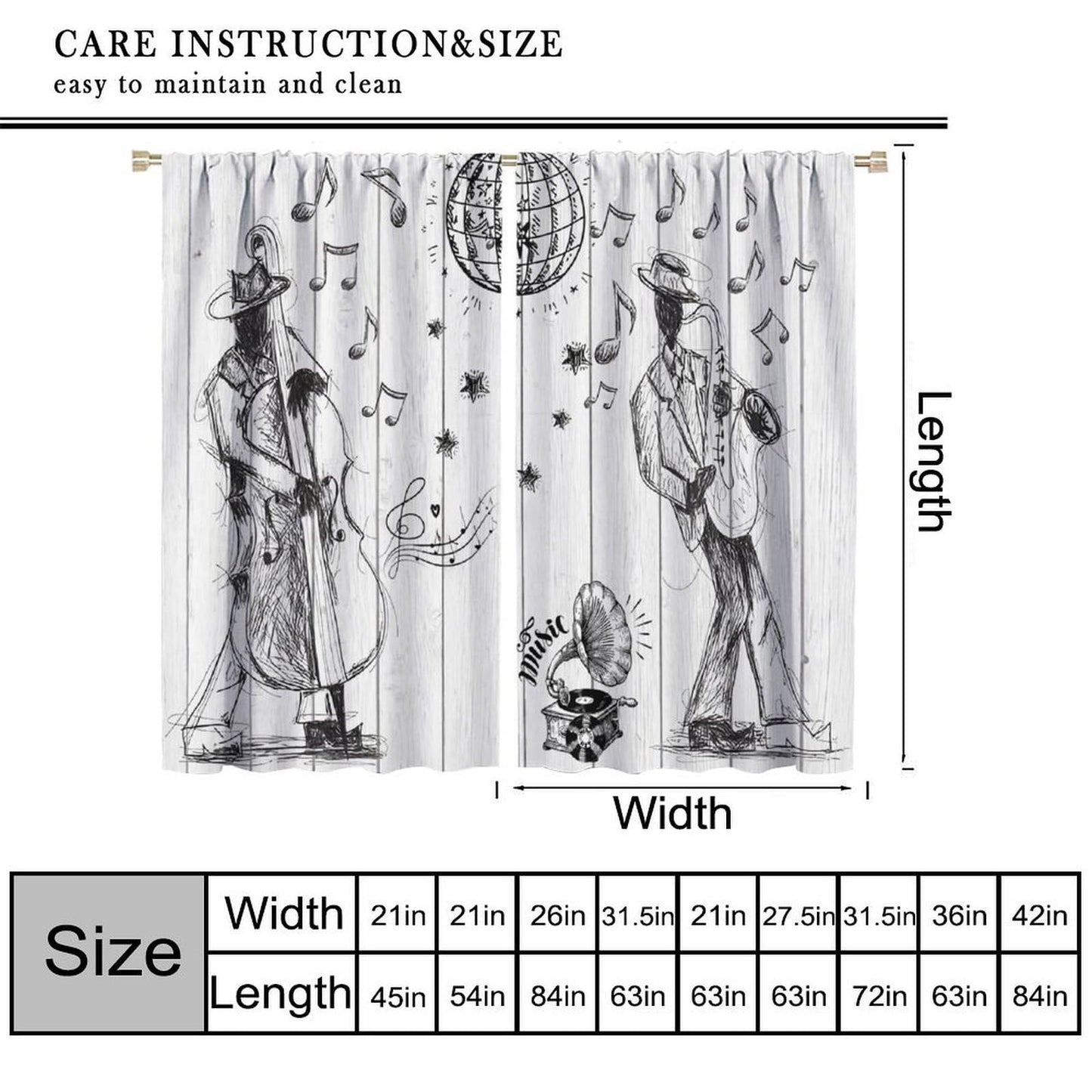 PHTAYOT Retro Music Curtains Sketch Style of a Jazz Band Playing Music with Instruments and Musical Notes Pattern Decor Drapes for Bedroom Living Room,2 Panels Set,21x45Inch