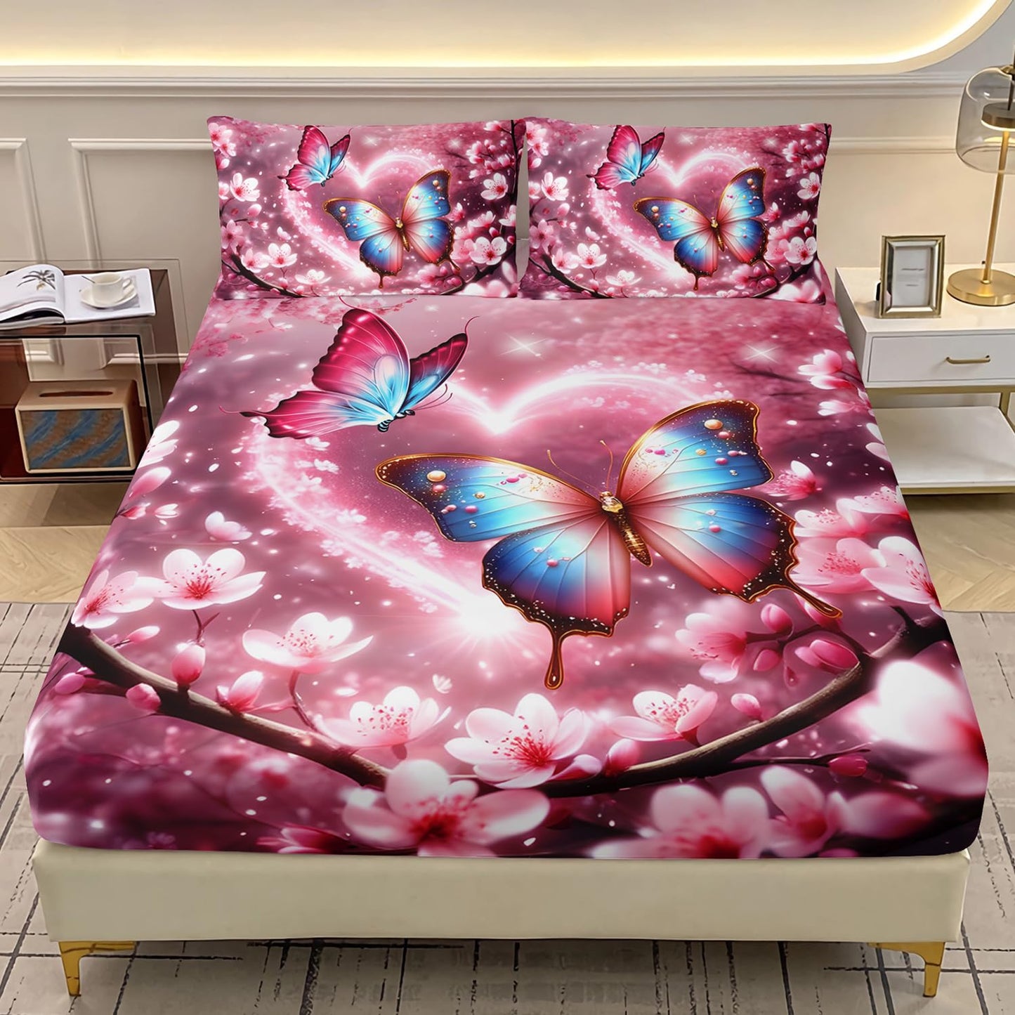 AILONEN Butterfly Butterfly Fitted Sheet Set for Girls,Pink Cherry Blossoms Butterflies Bedding Set Gifts Twin XL Size,Romantic Moments Bed Sheet Set for Cat Lovers,1 Sheet Set + 2 Pillowcase