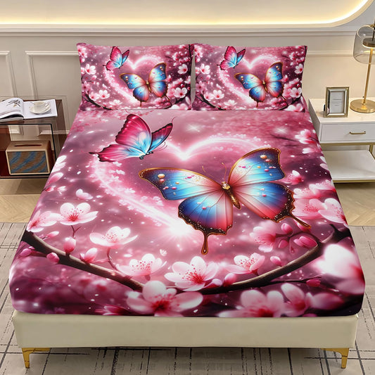 AILONEN Butterfly Butterfly Fitted Sheet Set for Girls,Pink Cherry Blossoms Butterflies Bedding Set Gifts Twin XL Size,Romantic Moments Bed Sheet Set for Cat Lovers,1 Sheet Set + 2 Pillowcase