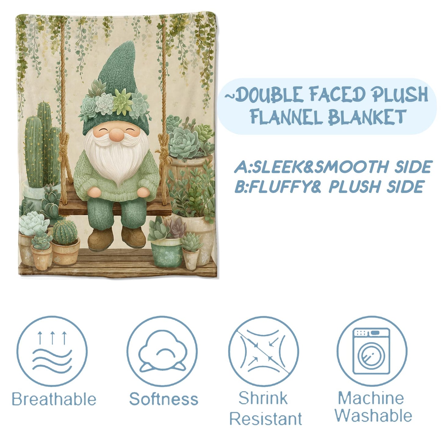 Zeleda Cute Gnome Flannel Blanket, Soft Cozy Throw with Succulent Botanical, Lightweight Blankets for All Seasons, Nature Whimsical Home Sofa Bed Decor and Gifts for Kids Girls Boys, 50x60 Inch