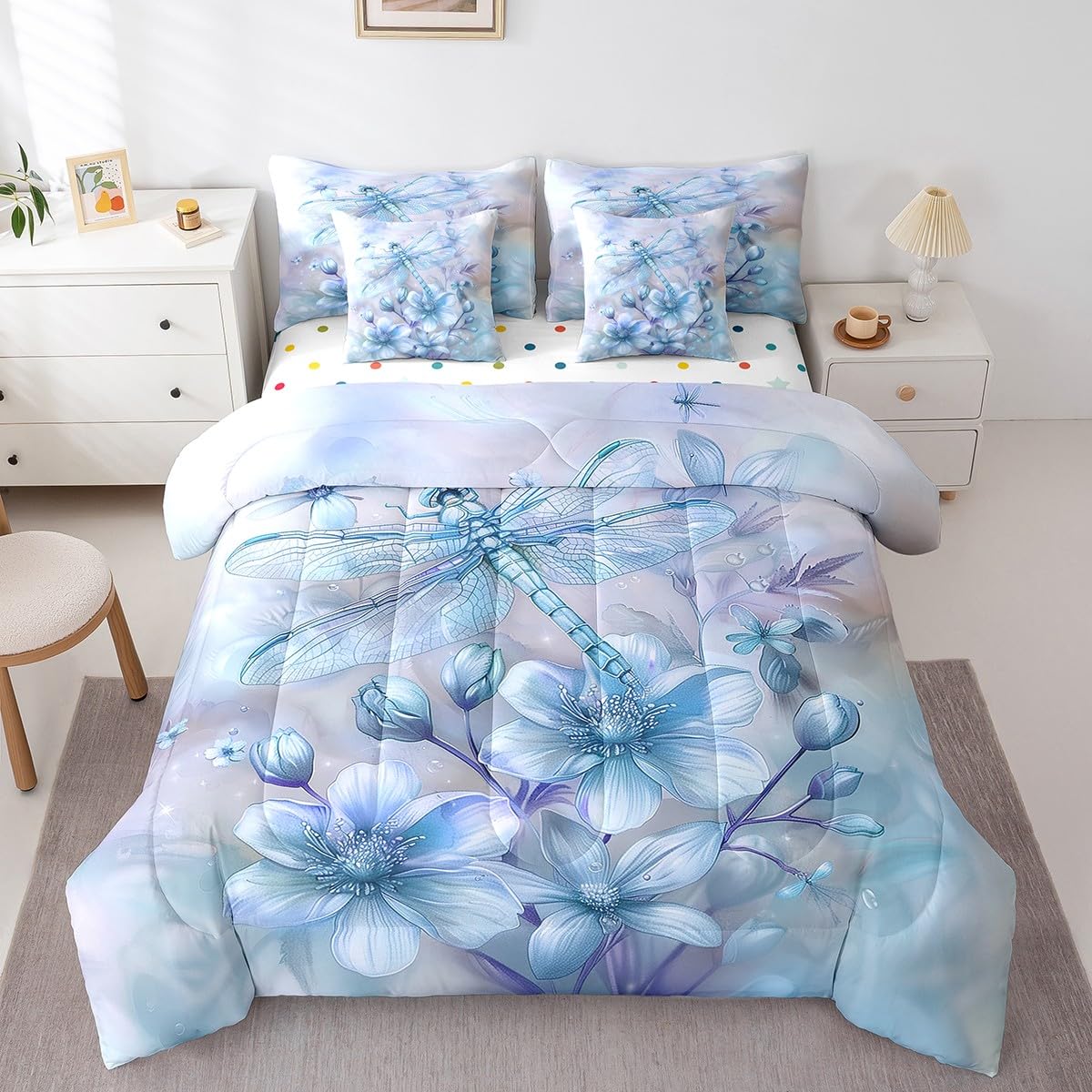 Erosebridal Blue Dragonfly Bedding Set 7Pcs,Water Lily Floral Comforter Set Queen for Kids Boys Girls Women,Dreamy Fairy Princess Style Quilt,Geometric Flying Wild Animal Bed in a Bag
