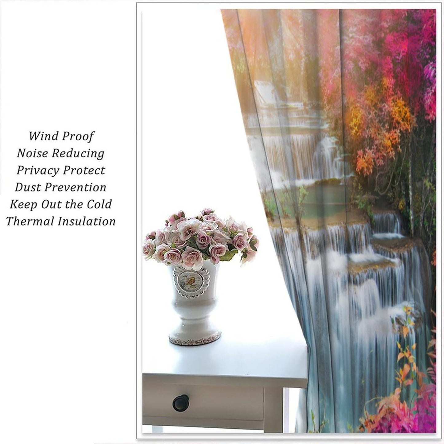 Focusbrite Waterfall Curtains，Spring Nature Theme Pink Floral Forest Landscape Scenery Pattern Waterproof Fabric Rod Pocket Window Drapes for Bedroom Living Room Cafe Set 2 Panels,42x45 Inches