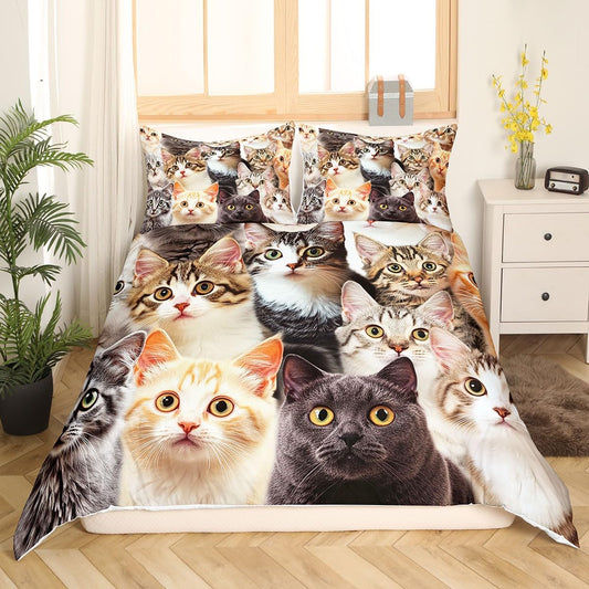 Feelyou Cat Comforter Cover Set Cat Lover Gifts Bedding for Women Cute Kitten Pattern Duvet Cover Set King Cat Quilt Cover Kids Bedroom Decor (1 Bedspread Cover + 2 Pillow Shams) Soft Lightweight
