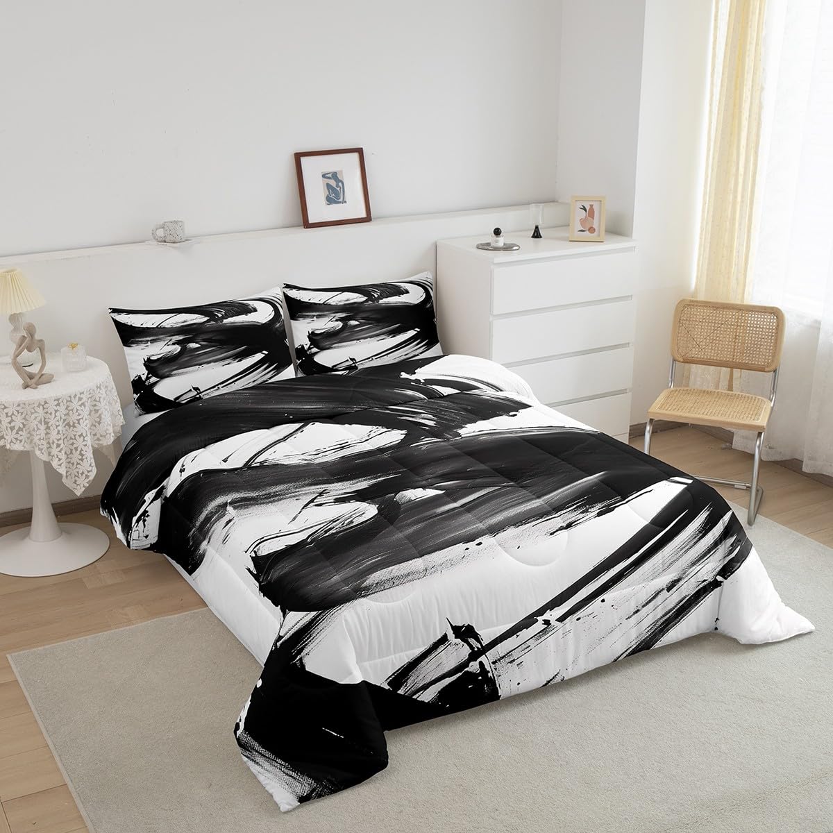 jejeloiu Black White Comforter Set Twin Size Abstract Line Bedding Set for Kids Boys Girls Decor Modern Art Duvet Quilt Soft Microfiber Bedroom Decor,with 1 Pillow Case