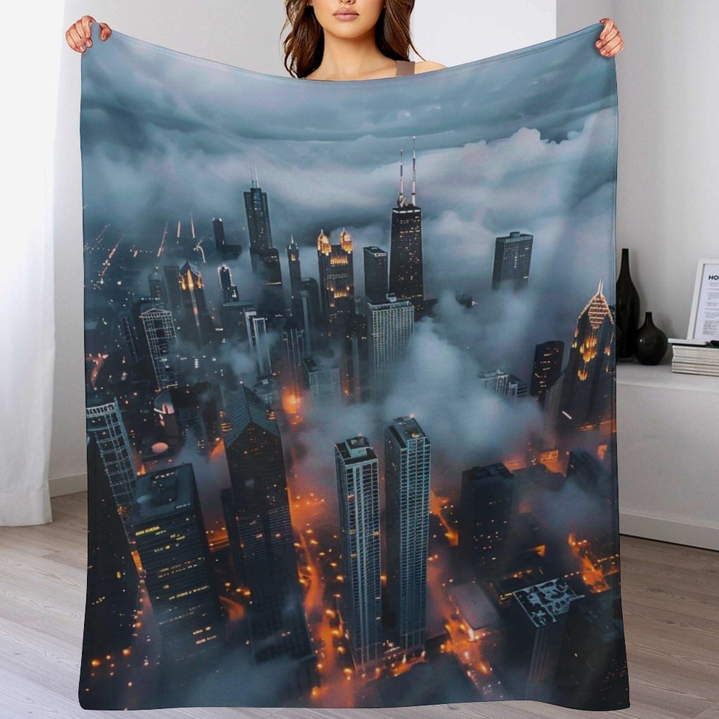 HDESDIS Chicago Skyscraper Throw Blanket, Soft Cozy Sky Cloud Skyline Cityscape Blanket for Couch, Sofa, Bed, Warm Decorative Blanket for Women and Men, 50"x60"