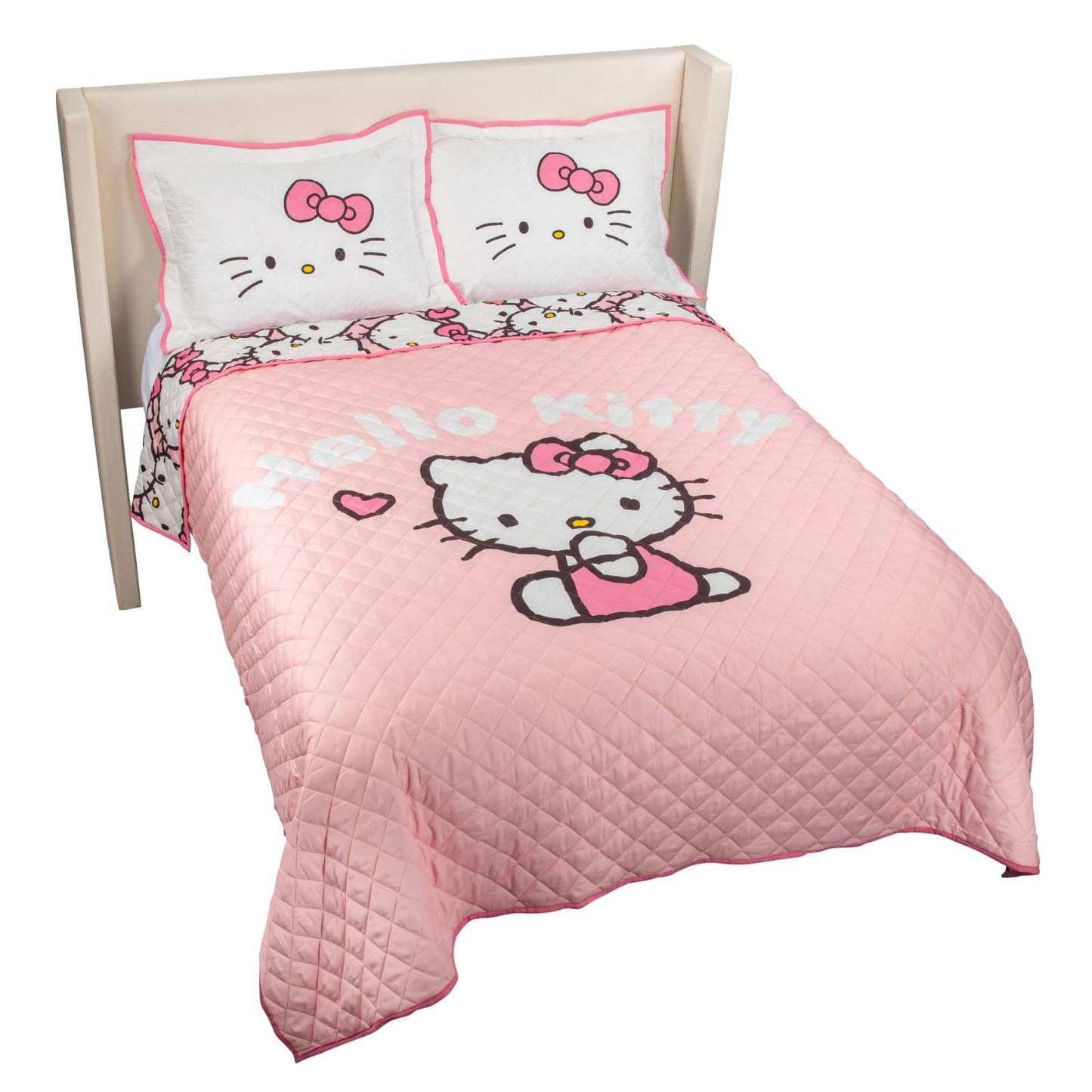 Jay Franco Sanrio Hello Kitty Pink Stripes & Hearts Full/Queen Quilt & Sham Set, 3-Piece Super Soft Cozy Quilted Bedspread Comforter, Fade Resistant Machine Washable (Official Sanrio Product)