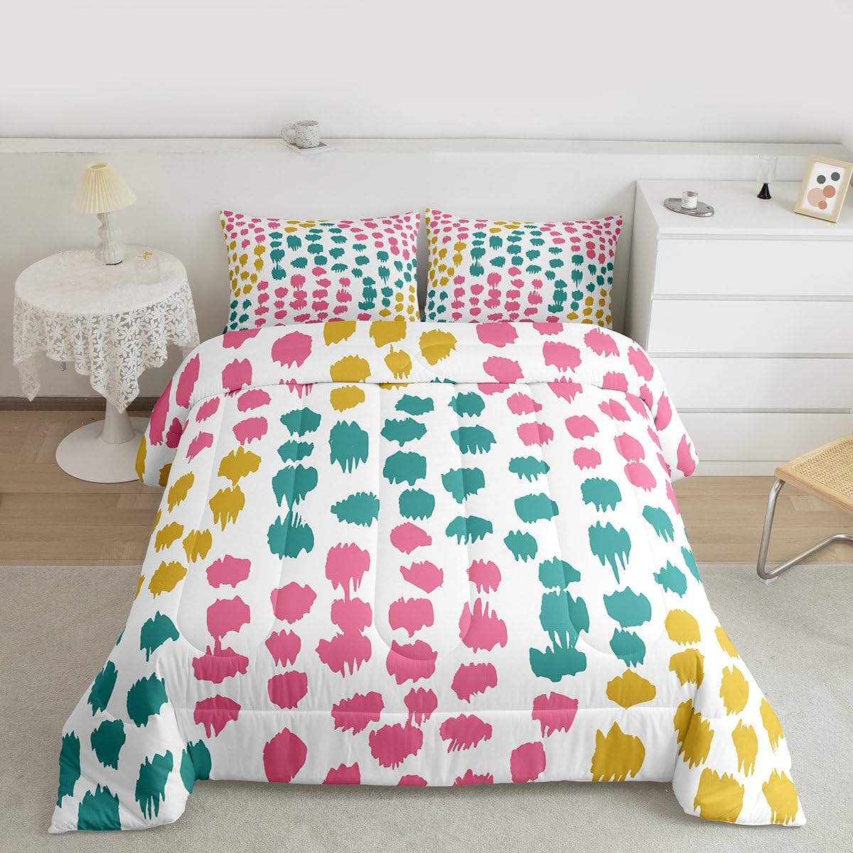 Erosebridal Abstract Spots Kids Comforter Sets Polka Dots Queen Bedding Set for Boys Girls Boho Brush Stroke Comforter Set,Geometric Circle Quilt Duvet 3 Pcs