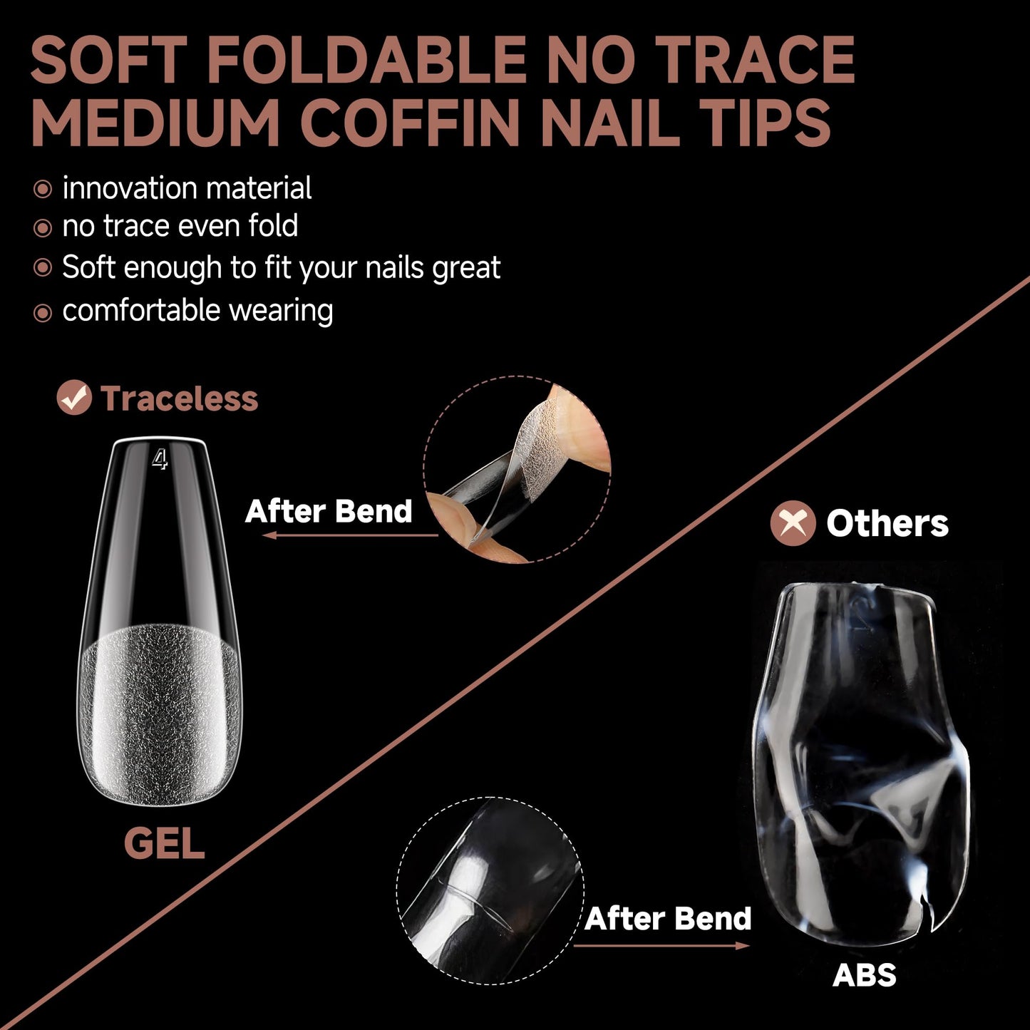 UNA GELLA Coffin Nails Tips, 216 PCS Soft Gel Nail Tips Coffin Half Matte Full Cover False Nails Pre-shaped Clear Acrylic Press on Nails Medium for Nail Extensions Home DIY Salon, 12 Sizes