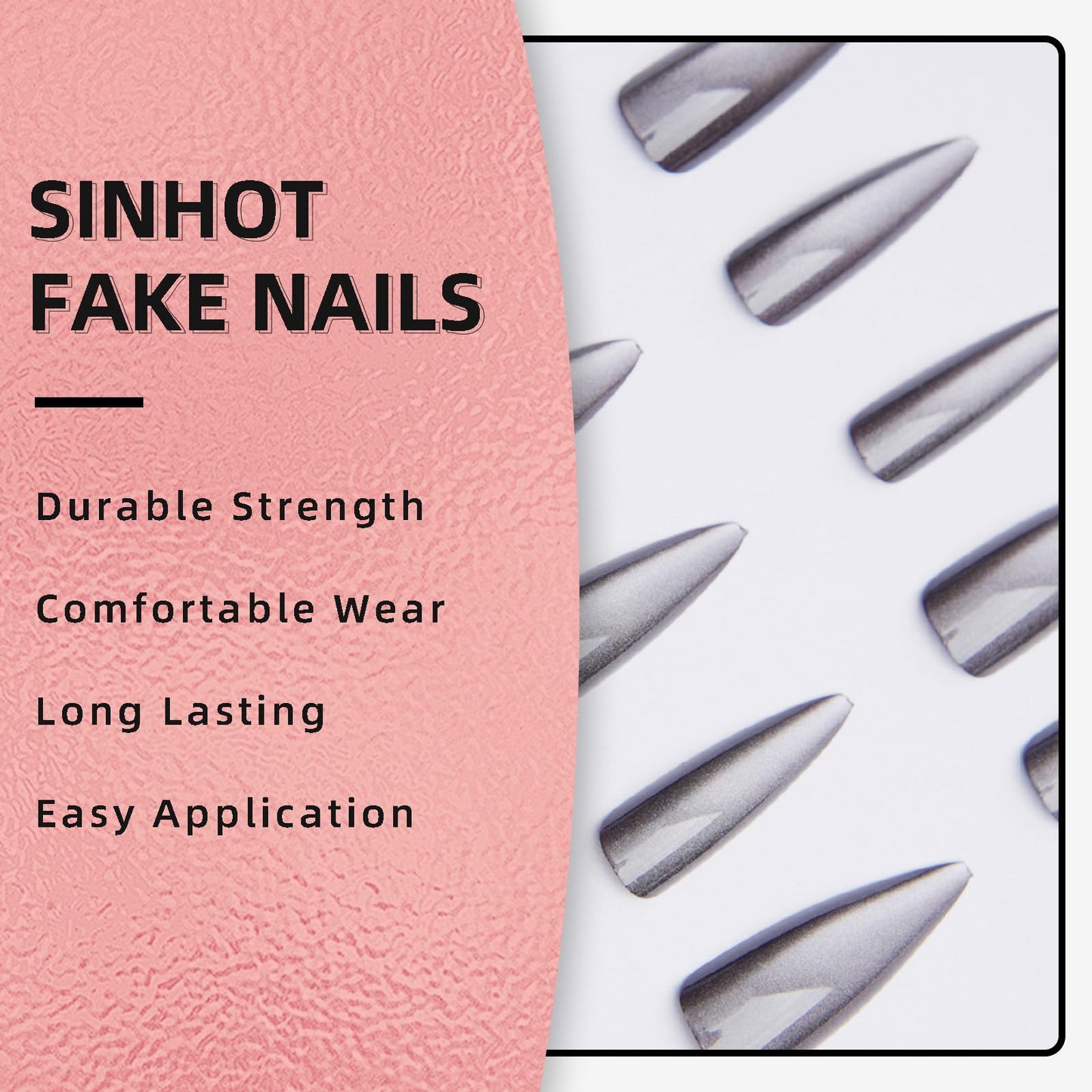 SINHOT Stiletto Press on Nails - Long Fake Nails, Glossy Finish, Bling Gray Cat Eye, DIY Artificial False Nail Art - 24 Pcs Nail Kit with Glue