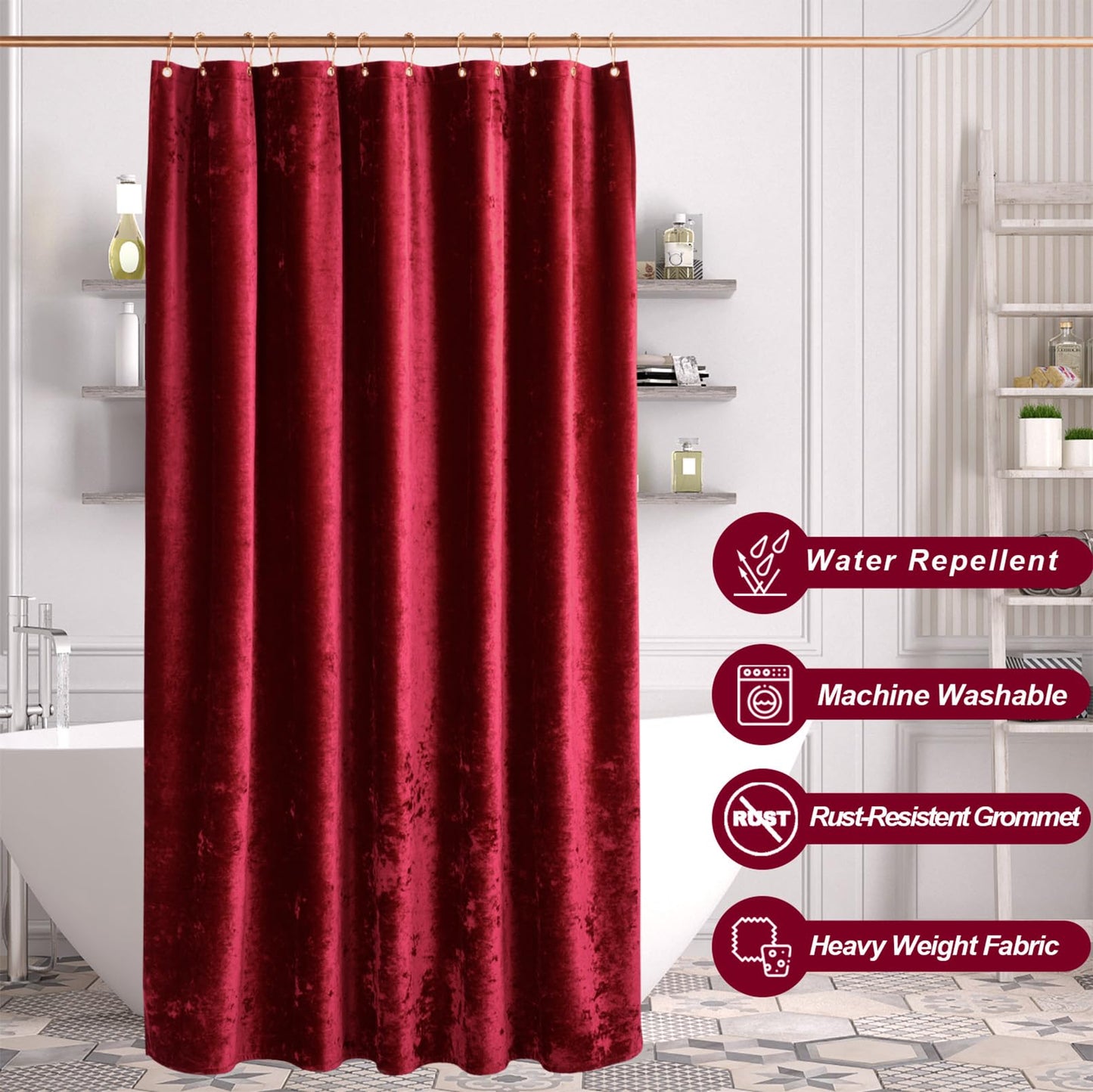 TAMGHO Crushed Velvet Shower Curtain, Marron Red, 72 x 72