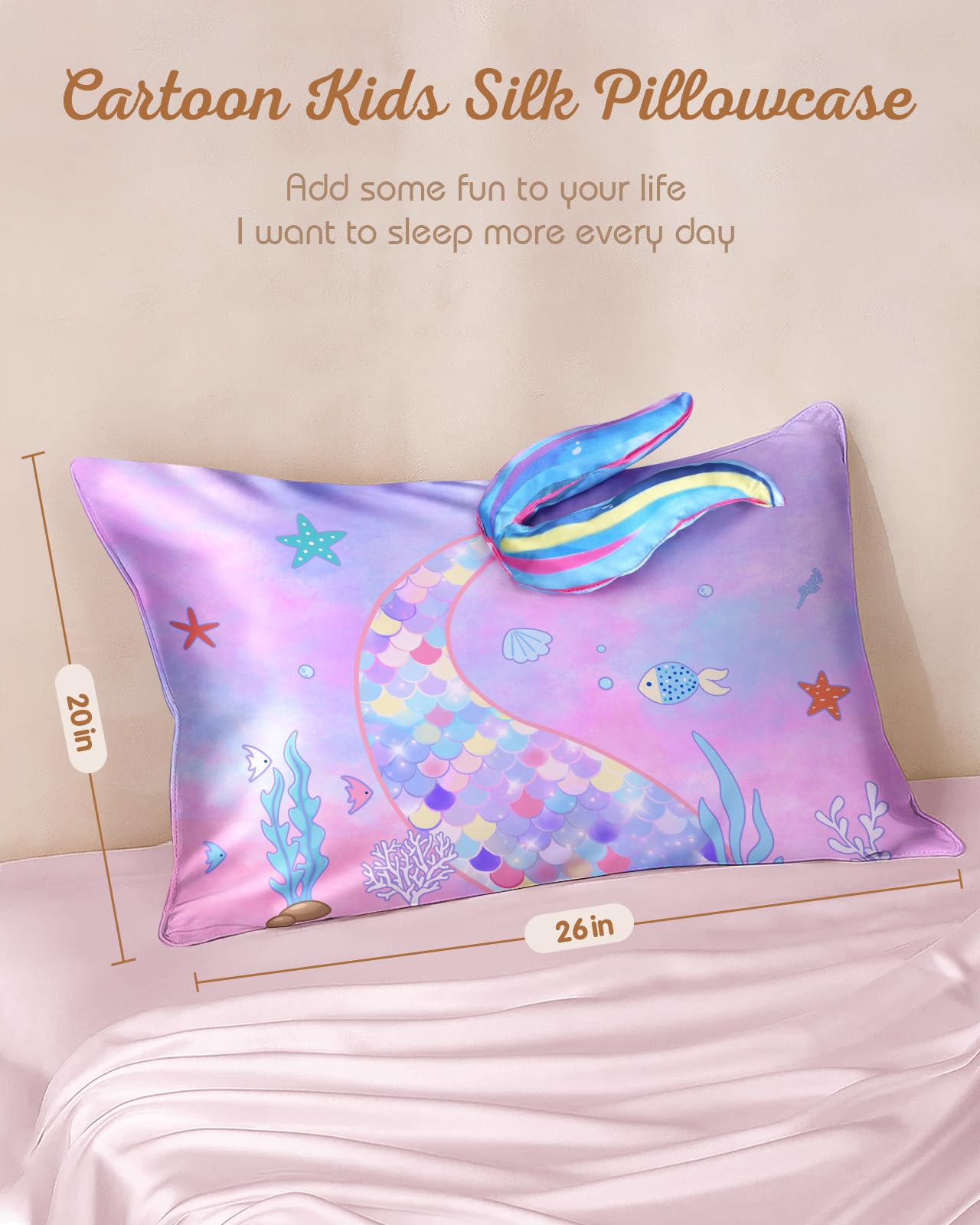 Miss Adola Kids Pillowcases Standard Size 20"x26" - Cute Cartoon Soft Breathable Silk Pillow Cases for Hair and Skin with Hidden Zipper for Girls Fun Kawaii Design for Bedding, Fish Tail