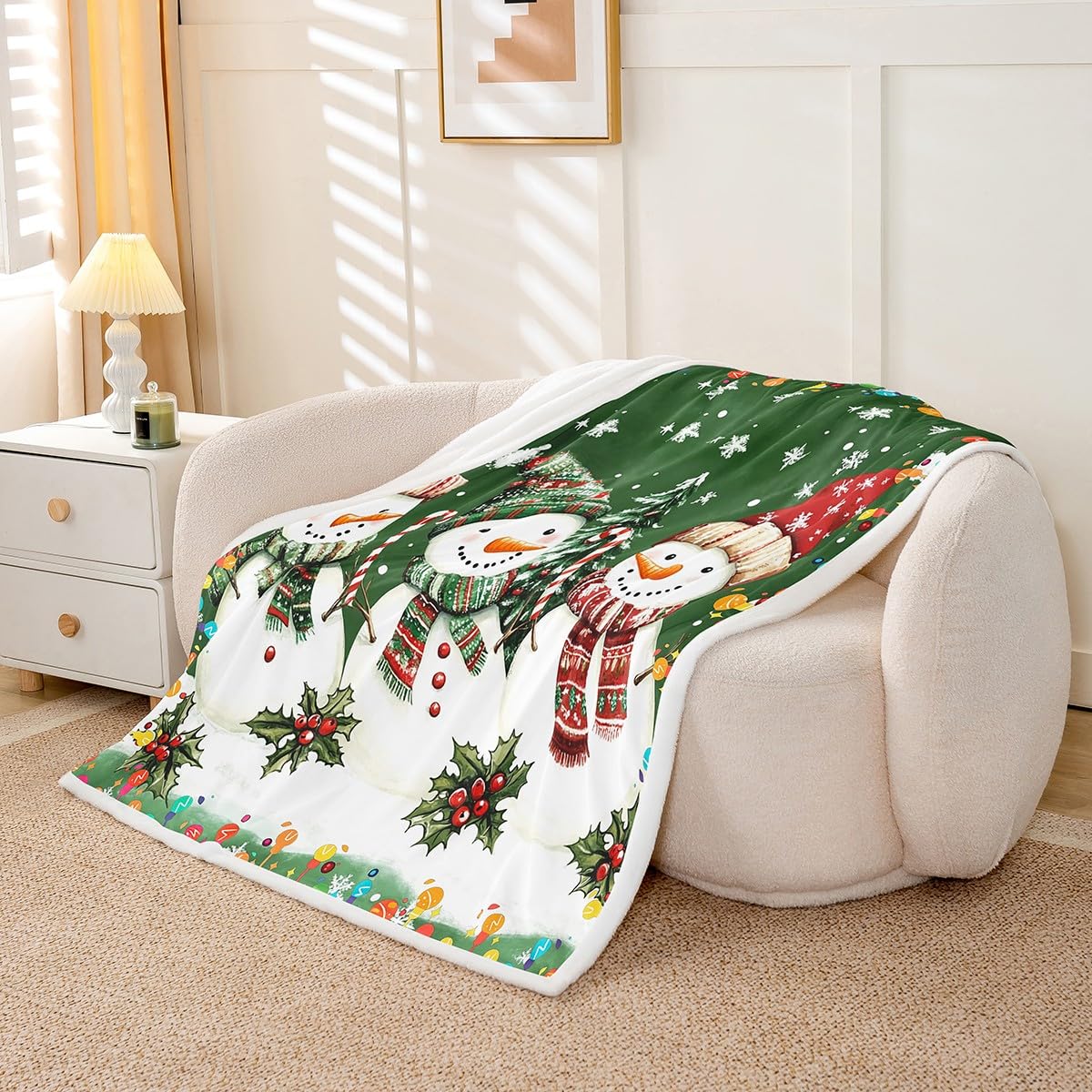 Erosebridal Kids Merry Christmas Sherpa Blanket Baby 30"X40" Kawaii Snowman Fleece Blanket for Kids New Year Cute Snowflake Throw Blanket Green Decorative Sofa Couch Plush Bed Blanket