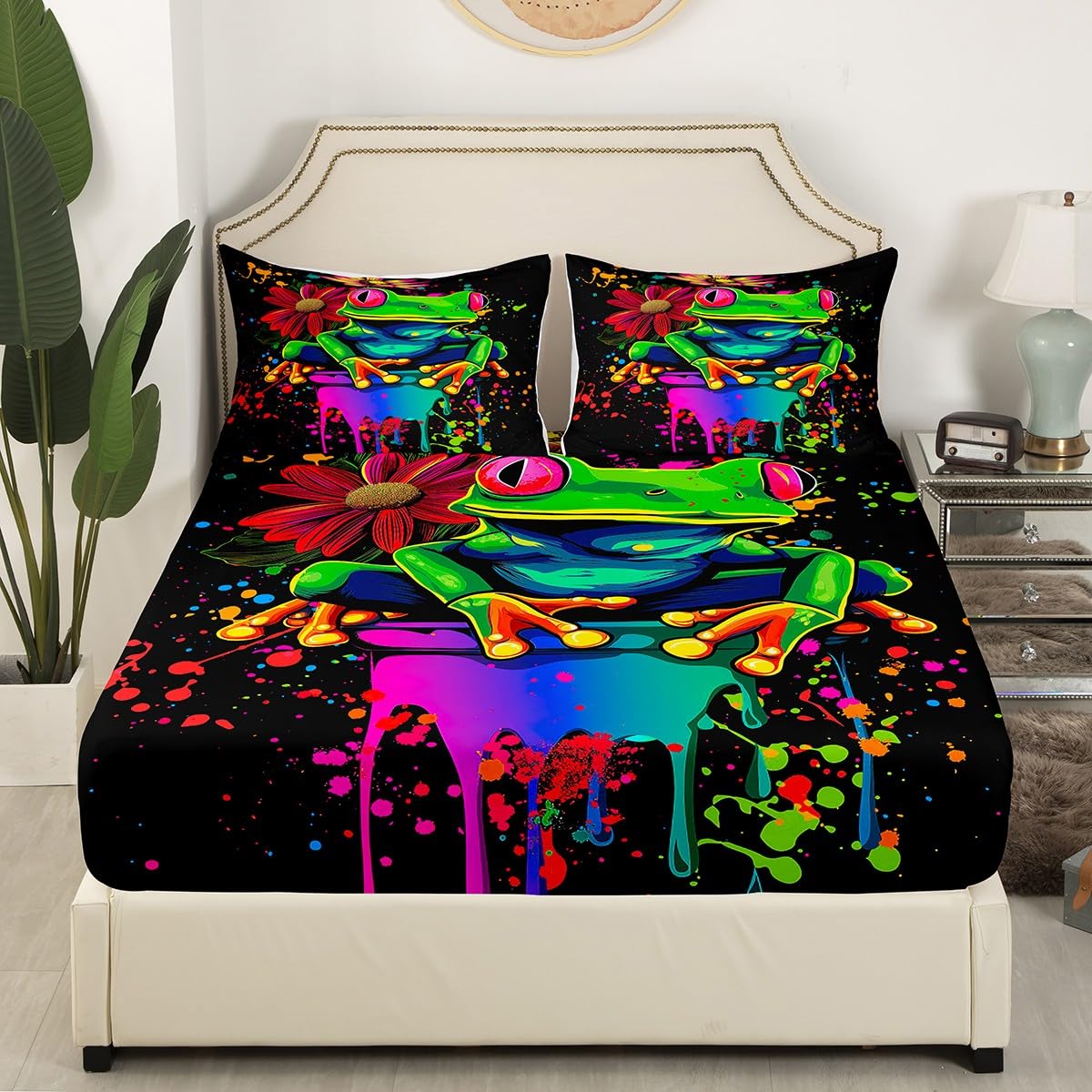 Erosebridal Tie Dye Frog Bedding Full Size,Rainbow Graffiti Style Sheet Set for Kids Boys Girls Teens,Rose Flower Cartoon Animal Bed Sheets,Microfiber Floral Decor Bed Sheet Soft with Deep Pocket