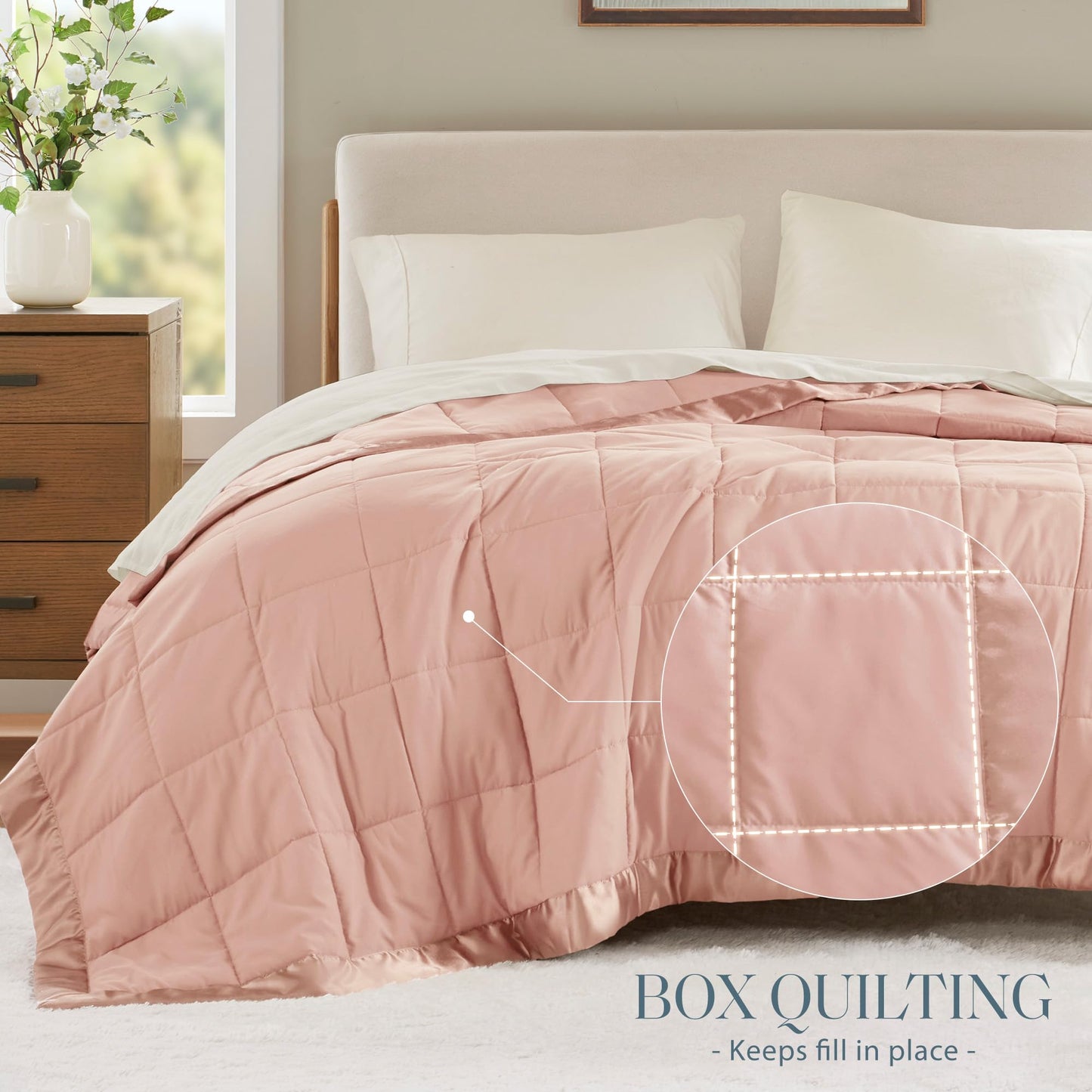 Madison Park Windom Down Alternative Blanket, Premium 3M Scotchgard Moisture Wicking Treatment, Lightweight and Soft Bed Cover For All Season, Satin Trim, Blush Twin