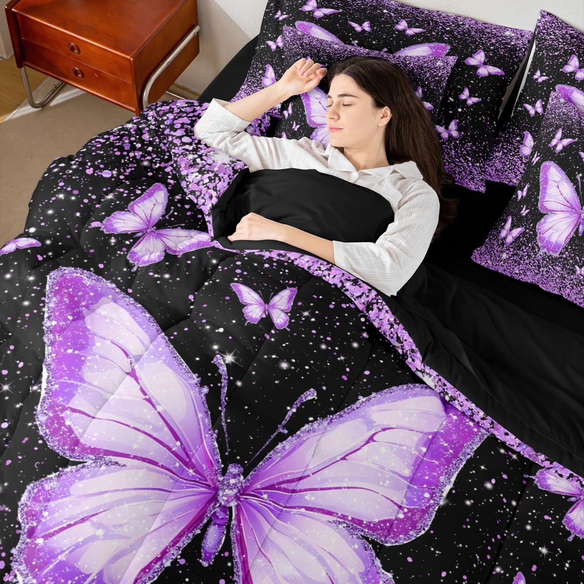 Feelyou Purple Butterfly 7 Piece Bedding Set Glitter Print Comforter Set with Sheets for Kids Boys Girls Pretty Animal Bed in a Bag Beautiful Butterfly Bed Set Soft Lightweight