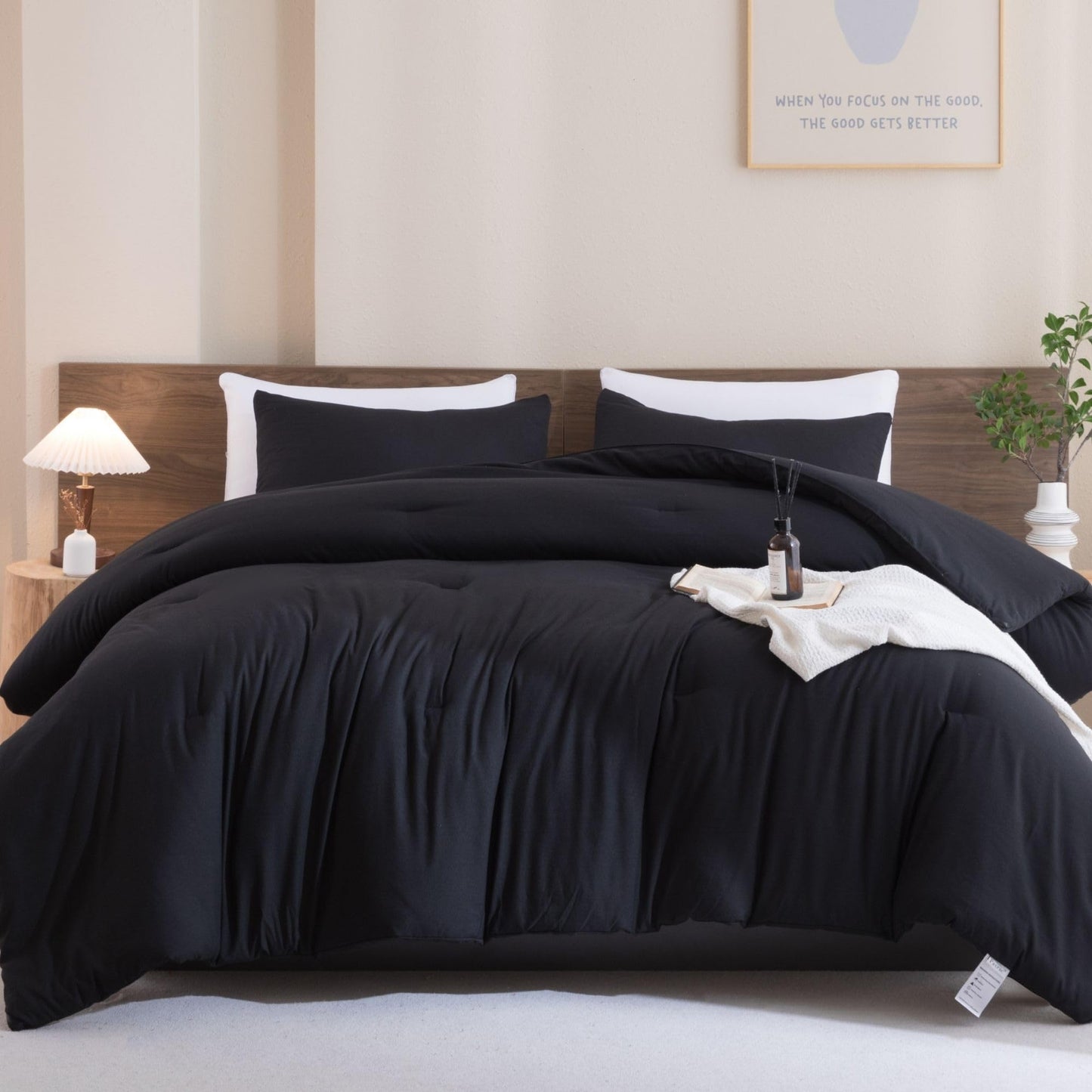 Paxrac Black Queen Comforter Set, Modern 3 Pieces Comforter Set, Lightweight & Fluffy Solid Bedding Set Queen Size, All Seasons Soft Breathable Queen Comforter Set (90x90In Comforter & 2 Pillowcases)