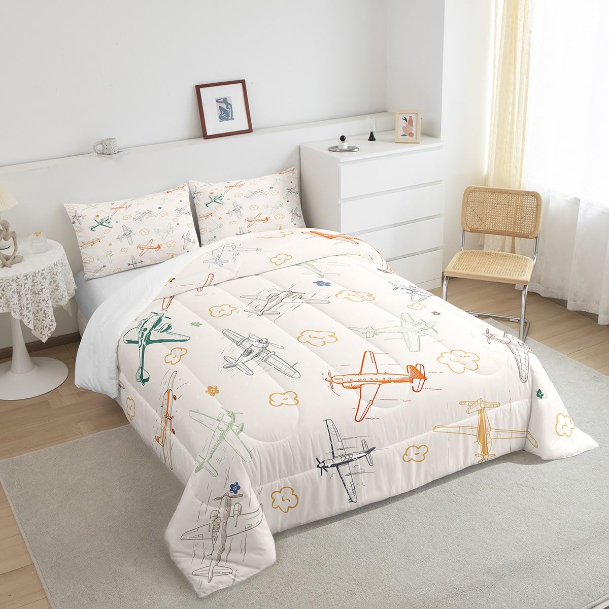 Castle Fairy Aircraft Bedding Set Kids Airplane Print Comforter Boys Girls Decor Aircraft Flying Theme Blanket Microfiber Sketch Style Khaki Yellow Duvet Set Bedroom Twin Size with 1 Pillow Case