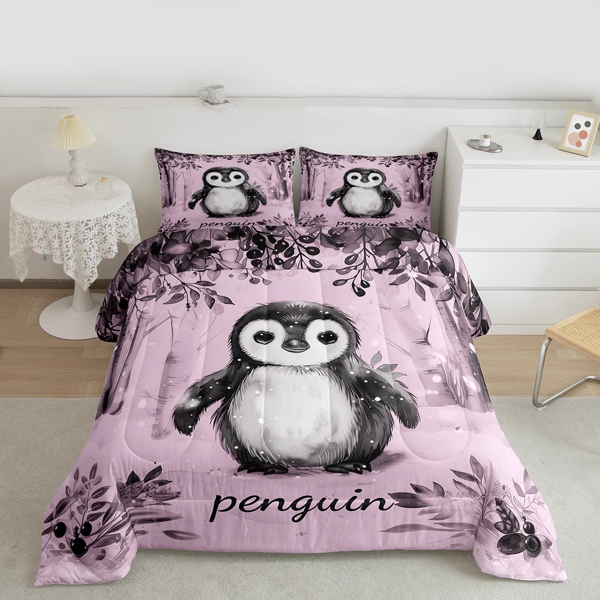 Erosebridal Pink Kawaii Penguins Comforter Set Queen Antarctic Animal Pattern Bedding Set Cartoon Penguin Comforter for Kids Boys Girls,Winter Snowy Forest Quilt Duvet