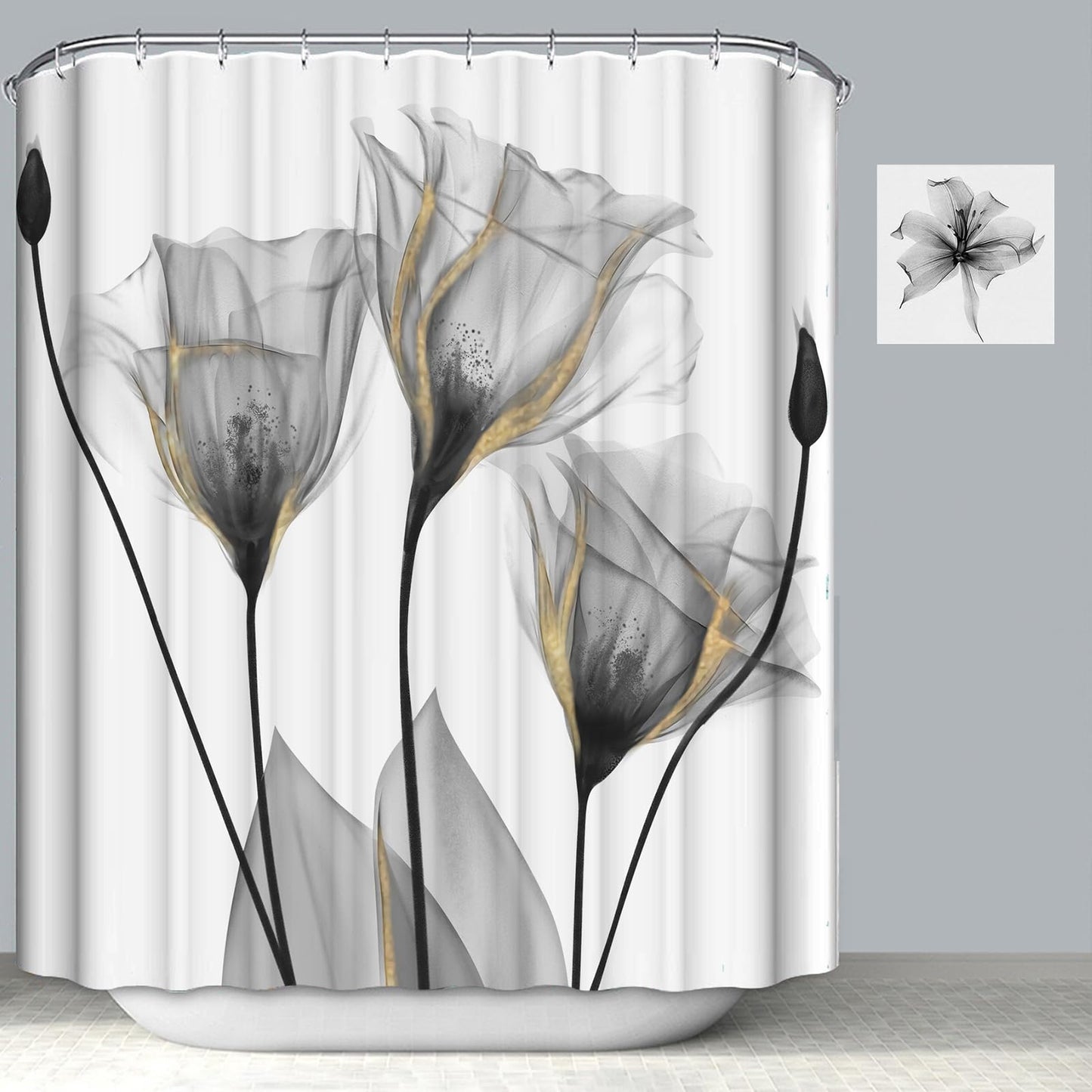 ZCHOMI Grey Floral Shower Curtain Watercolor Tulip Flower Shower Curtains for Bathroom Waterproof Polyester Fabric Bathroom Curtain 72 x 72 Inch with 12 Plastic Hooks