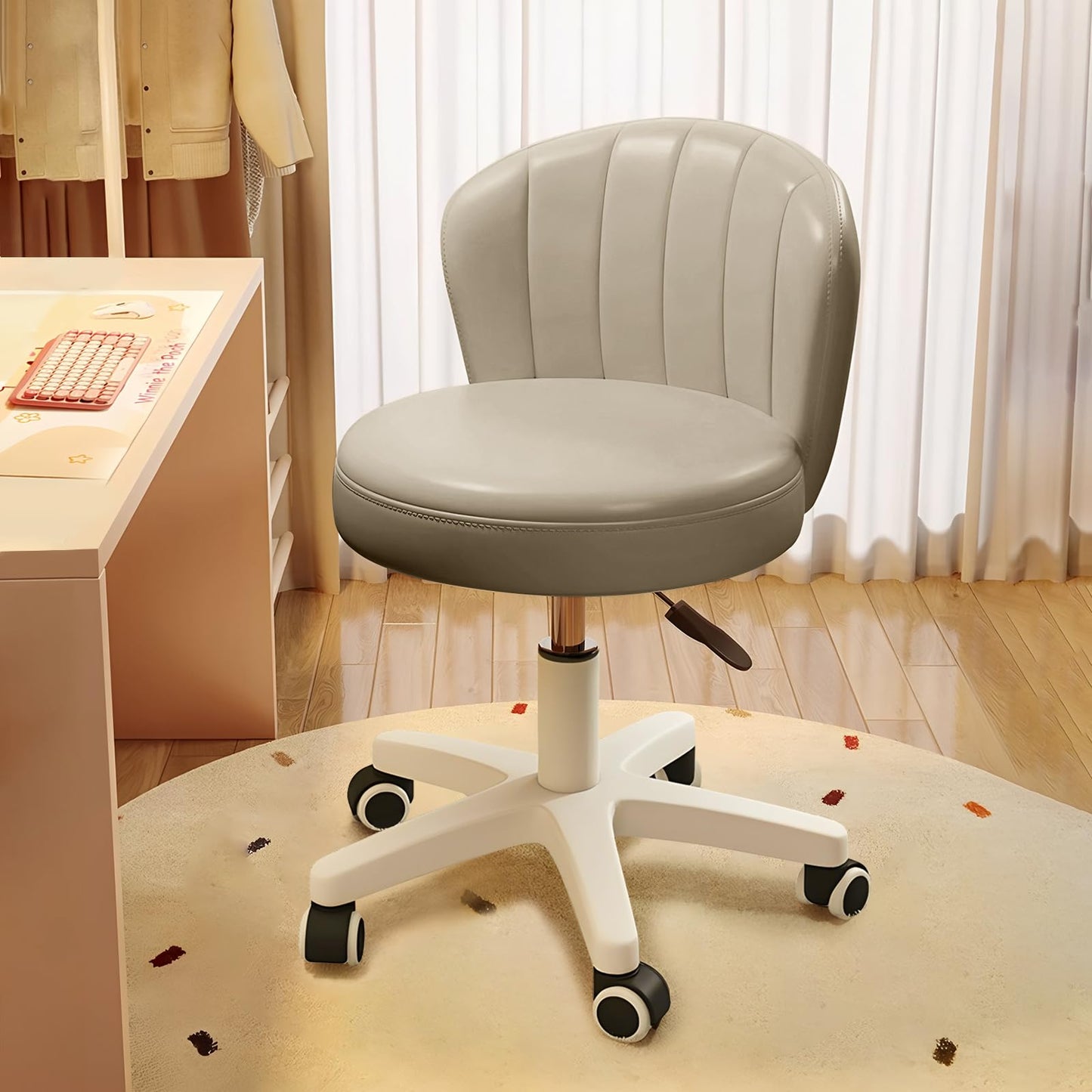 XUEGW Small Scallop Desk Chair with Back, Cute Armless Rolling Vanity Chair with PU Leather, Comfy Office Task Computer Chairs Height Adjustable for Bedroom