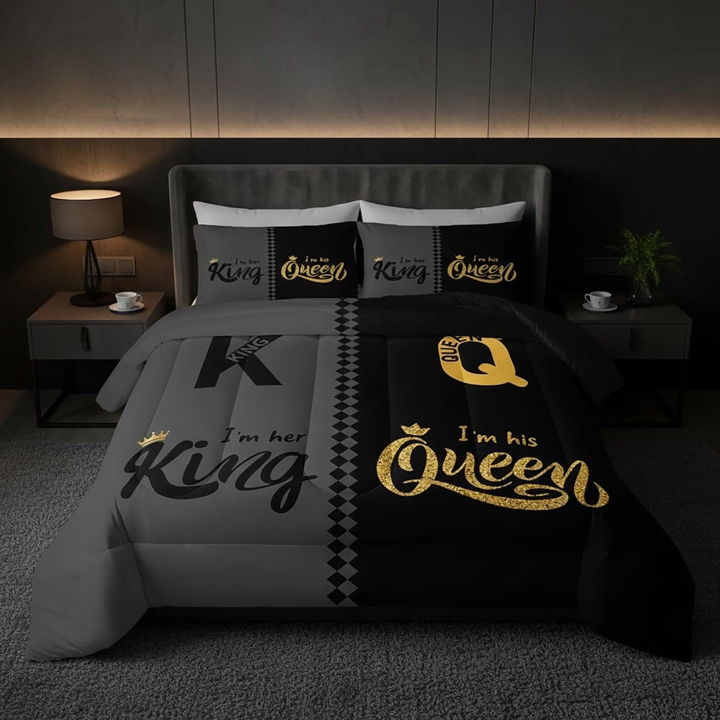 QOOMO 3Pcs Crown Queen and King Comforter Set Twin,Couple Bedding Set for Teens Boys Girls,Golden Printed Comforter with 2 Pillowcases,Down Alternative,Soft and Lightweight