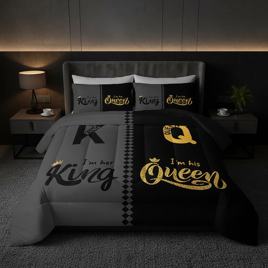 QOOMO 3Pcs Crown Queen and King Comforter Set Twin,Couple Bedding Set for Teens Boys Girls,Golden Printed Comforter with 2 Pillowcases,Down Alternative,Soft and Lightweight