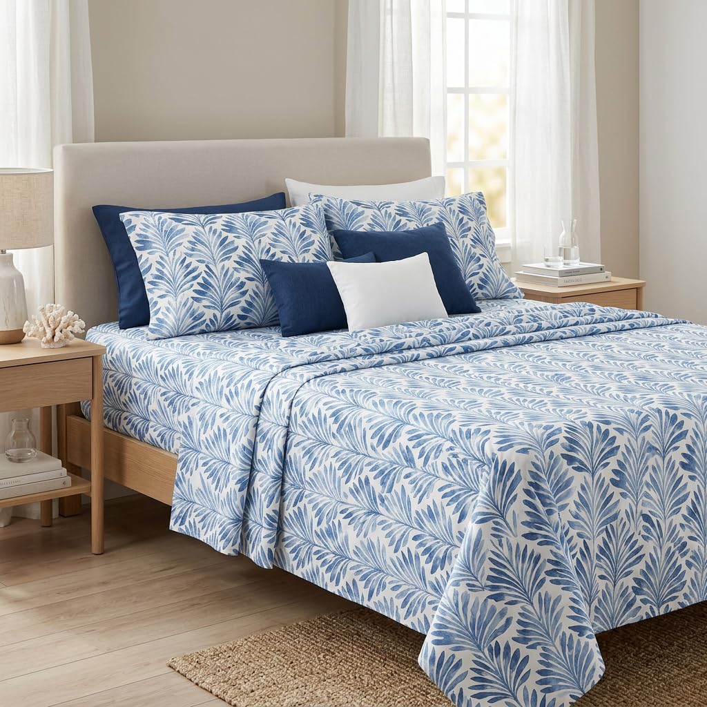 Where The Polka Dots Roam Blue Indigo Palms Floral Bedsheet Queen Size, Super Soft Wrinkle Resistant Tropical Leaves Pattern Bedding Set, Vibrant Solid Print All-Season Bed Sheets for Girls, Teens