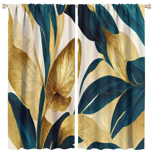 JESTRONRY Abstract Floral Curtains,Elegant Green Gold Summer Plant Printed Patterns Rod Pocket Window Drapes for Living Room Bedroom Bathroom Decor W42xL45in