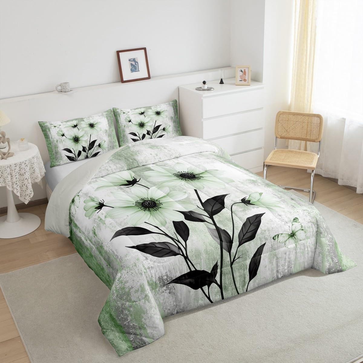 Erosebridal Watercolor Daisy Floral Queen Comforter Set Abstract Oil Painting Bedding Set Rustic Farmhouse Bed Set Green White Flowers Quilt Set