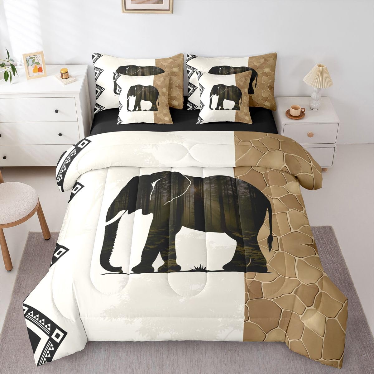 Erosebridal Elephant 7 Piece Bedding Set Full African Comforter Set with Sheets African Animal Lover Geometric Bed in a Bag Wild Animal Skin Woodland Silhouette for Kids Boys Girls
