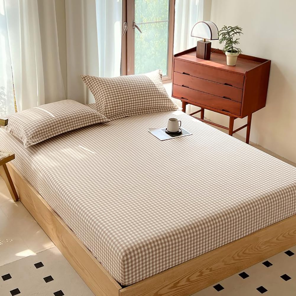 Tan Gingham Fitted Sheet Queen 100% Washed Cotton Taupe Plaid Queen Bed Sheet Grid Single Bottom Sheet with 15" Deep Pocket Gingham Bedding Grid Sheet 1 Piece Cotton Breathable Mattress Cover