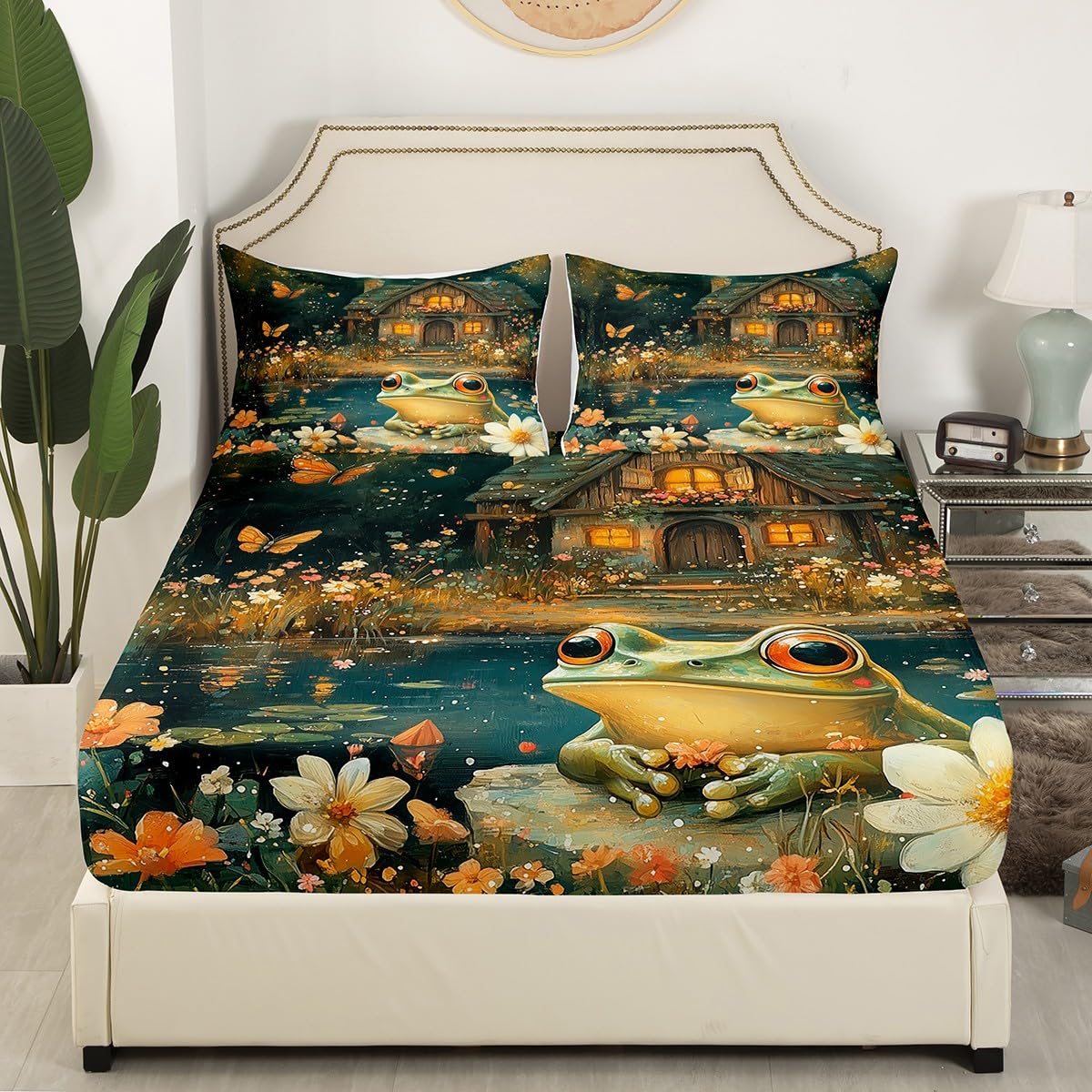 Manfei Wild Frog Bed Sheet Set Twin Size,Lodge Cabin Rustic Lake Animal Sheet Set,Jungle Daisy Flowers Butterfly Dreamy Starry Bedding Set with 1 Flat & 1 Fitted Sheet with 1 Pillow Sham
