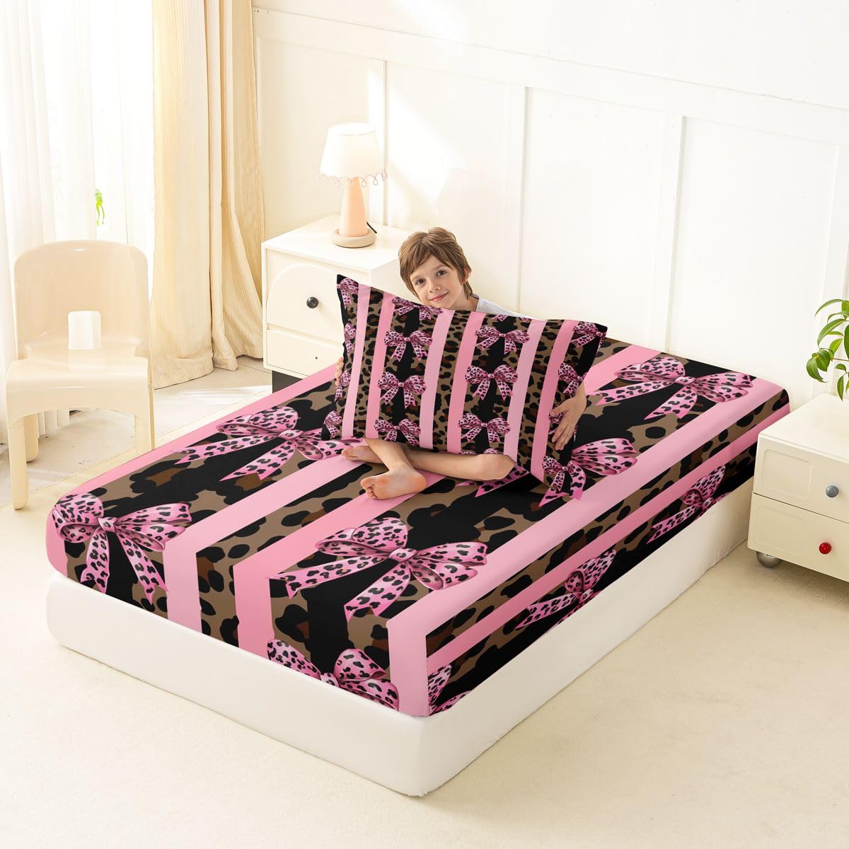 jejeloiu Brown Leopard Bow Fitted Sheet with 1 Pillowcase Twin Size Leopard Fur Print Bed Sheets Set 16" Deep Pocket Boys Girls Striped Coquette Bow Bedding Teens Bedroom Decor Breathable