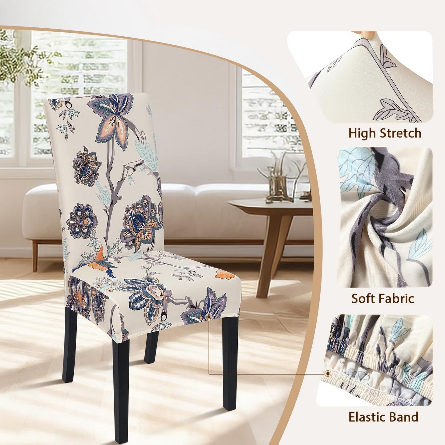 SearchI Dining Room Chair Covers Set of 4, Stretch Printed Floral Parsons Chair Slipcovers Spandex Removable Washable Kitchen Chair Protector Cover for Dining Room, Hotel, Ceremony (Beige+Flower)